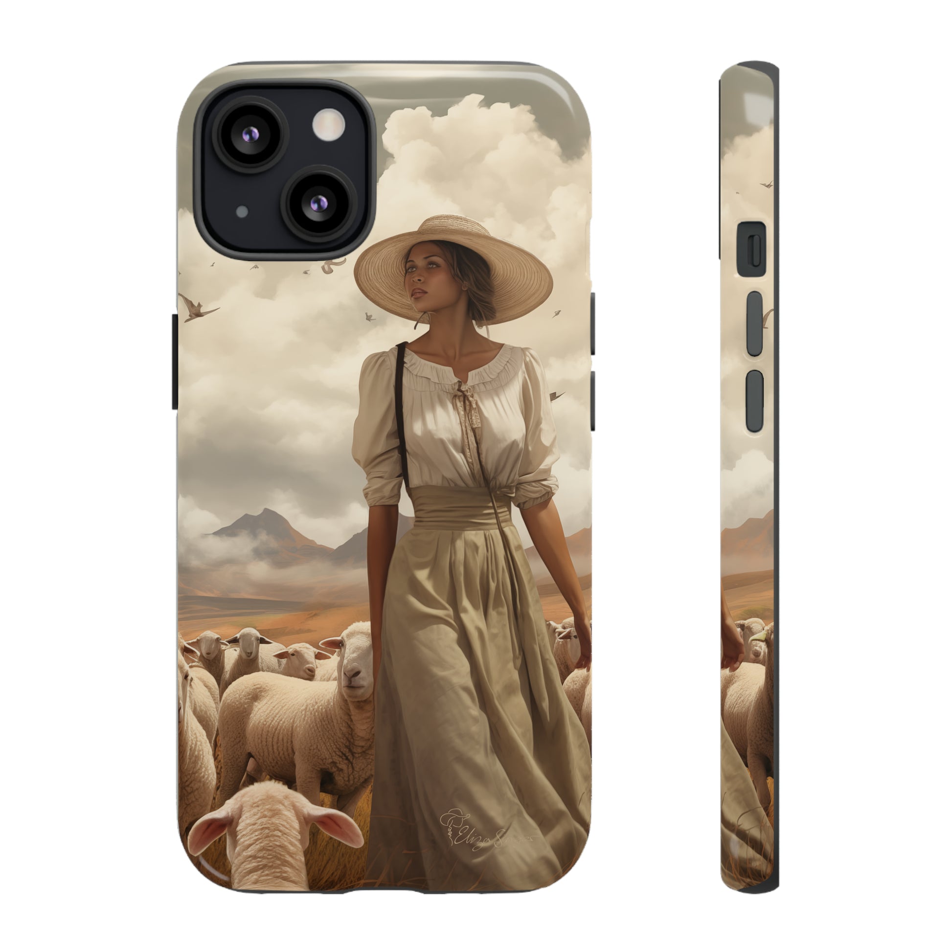 Immerse yourself in a dreamy landscape with our Tough Western Cell Phone Case showcasing a vintage painted design of a woman wearing a hat, walking through a prairie landscape with sheep behind her. Experience the magic of the past with this edition.