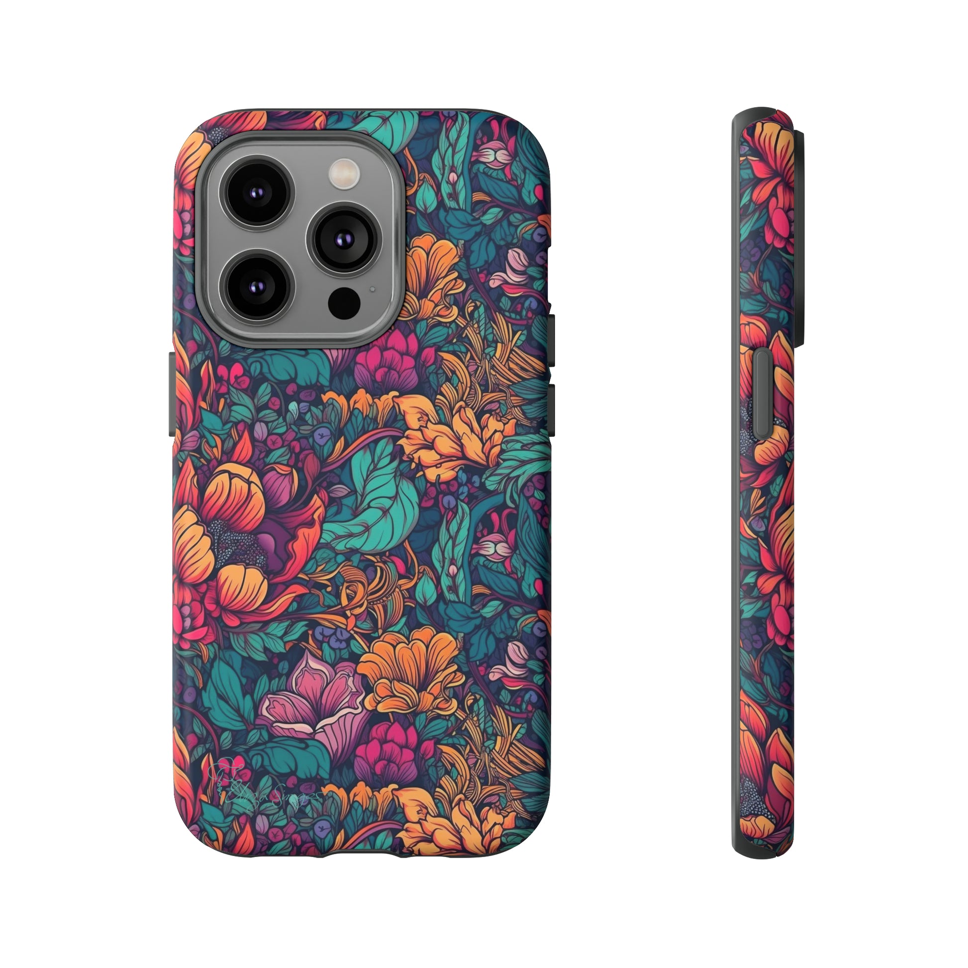 Vibrant Boho Blossoms: iPhone Tough Protective Cover. Featuring a bright abstract floral design, this case adds a touch of Bohemian flair. Compatible with iPhone 15, 14, 13, XS, XR Pro/Max/Mini/P/Plus. Embrace Boho Chic with Style and Durability. #ElizaSinger #PhoneCase #FloralDesign