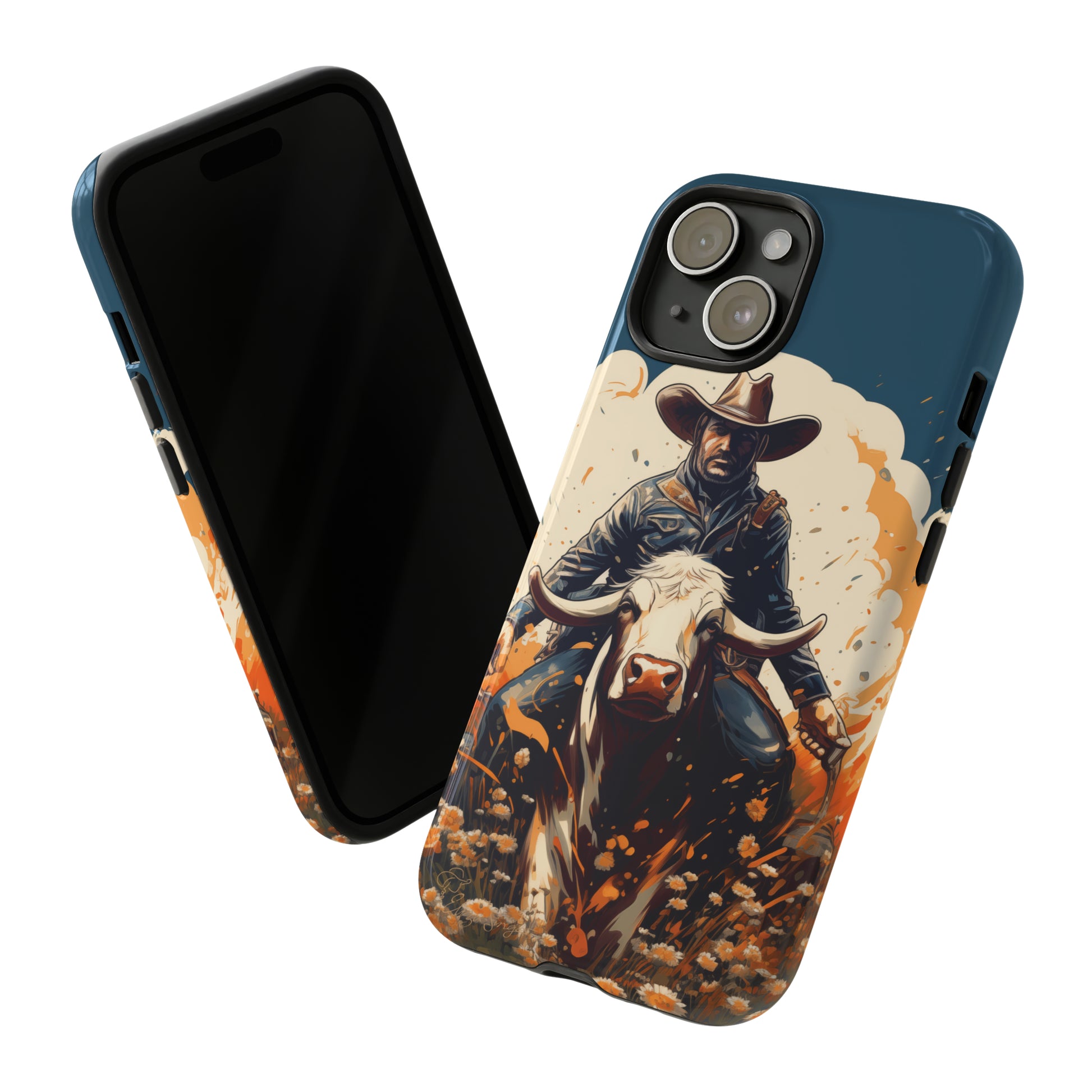Time-Tested Charm: Immerse yourself in the charm of yesteryear with our Tough Cell Phone Case. Featuring a cowboy on a cow in a field of flowers, this design exudes retro vibes. Experience the perfect blend of vintage style and durable protection. Elevate your phone with a touch of timeless allure. #ElizaSinger #PhoneCase #VintageCharm