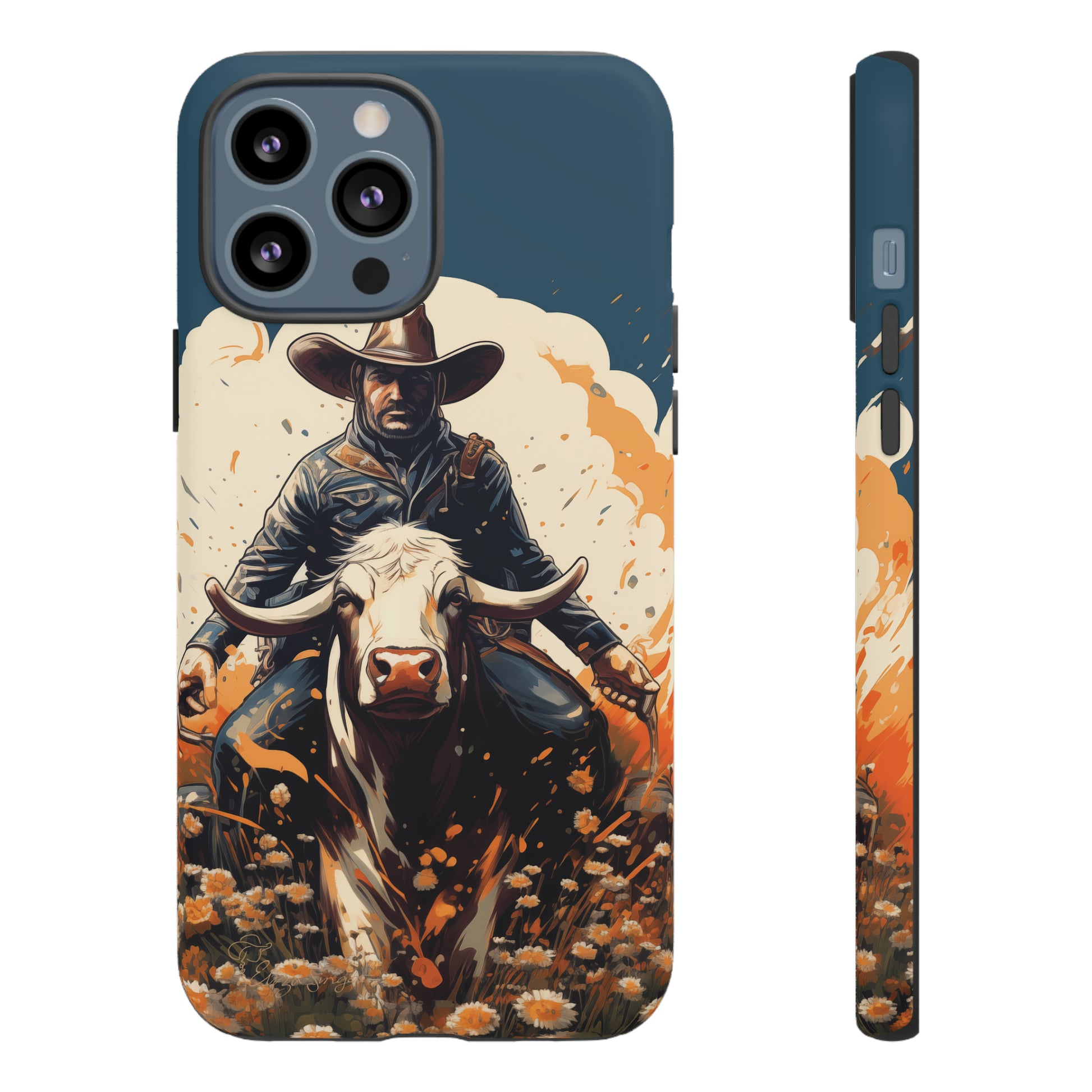 Time-Tested Charm: Immerse yourself in the charm of yesteryear with our Tough Cell Phone Case. Featuring a cowboy on a cow in a field of flowers, this design exudes retro vibes. Experience the perfect blend of vintage style and durable protection. Elevate your phone with a touch of timeless allure. #ElizaSinger #PhoneCase #VintageCharm