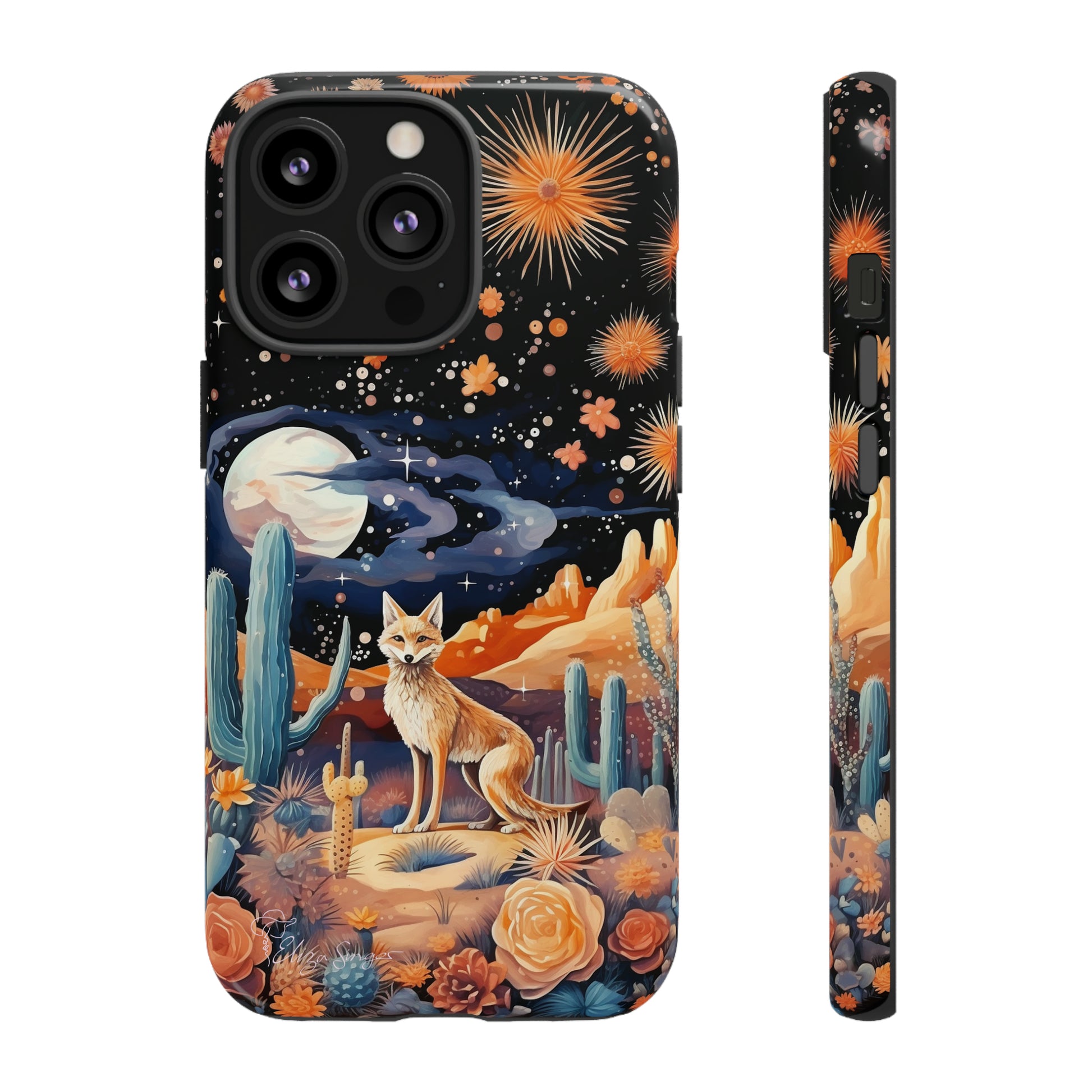 Introducing our Tough Western Cell Phone Case: Midnight Mirage Jackal Edition! Dive into the mysterious desert night with a striking depiction of a jackal, cacti, and a starry sky. This design offers the ideal combination of durability and desert charm.