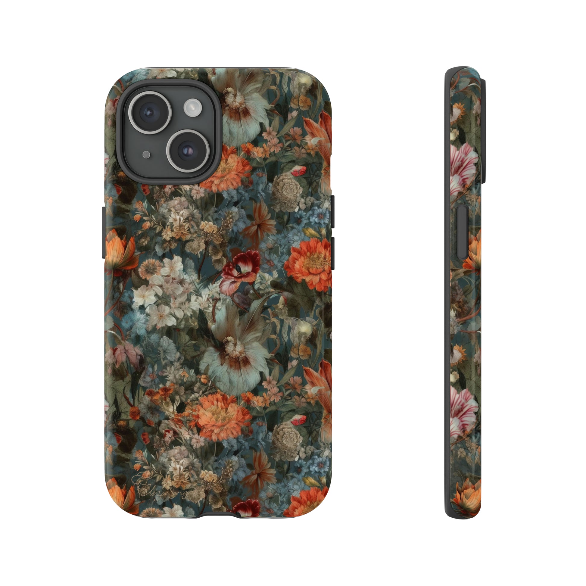Blooms in Shadows: Botany Floral Dark Flowers iPhone Tough Protective Cover. A captivating blend of Flowers in muted colors, compatible with iPhone 15, 14, 13, XS, XR Pro/Max/Mini/P/Plus. Unleash Nature's Elegance with Durability and Style. #ElizaSinger #PhoneCase #FloralDesign