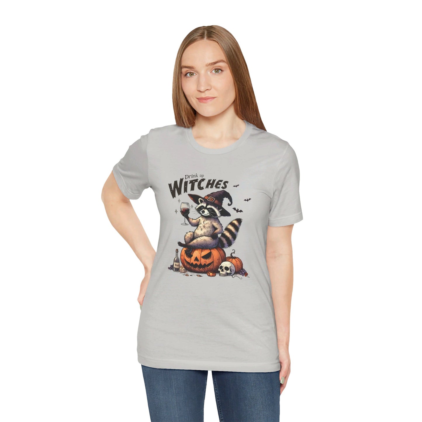 Drink Up Witches: Halloween Bella Canvas T-shirt with Raccoon