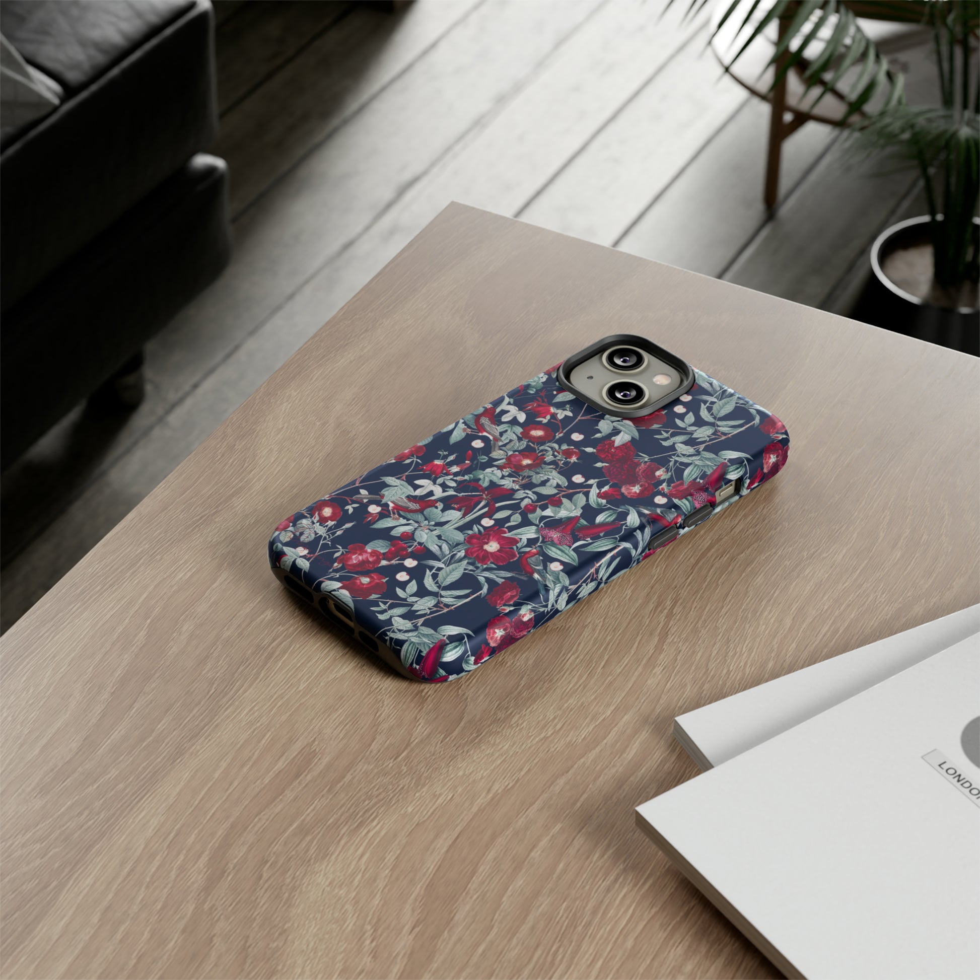 Blossom Serenade: Cherry Blossom Serenade Burgundy Navy Dark iPhone Tough Protective Cover. A captivating blend of Flowers in burgundy and navy hues, featuring a muted design. Compatible with iPhone 15, 14, 13, XS, XR Pro/Max/Mini/P/Plus. Elevate your device with this enchanting and stylish protective cover. #ElizaSinger #PhoneCase #FloralDesign