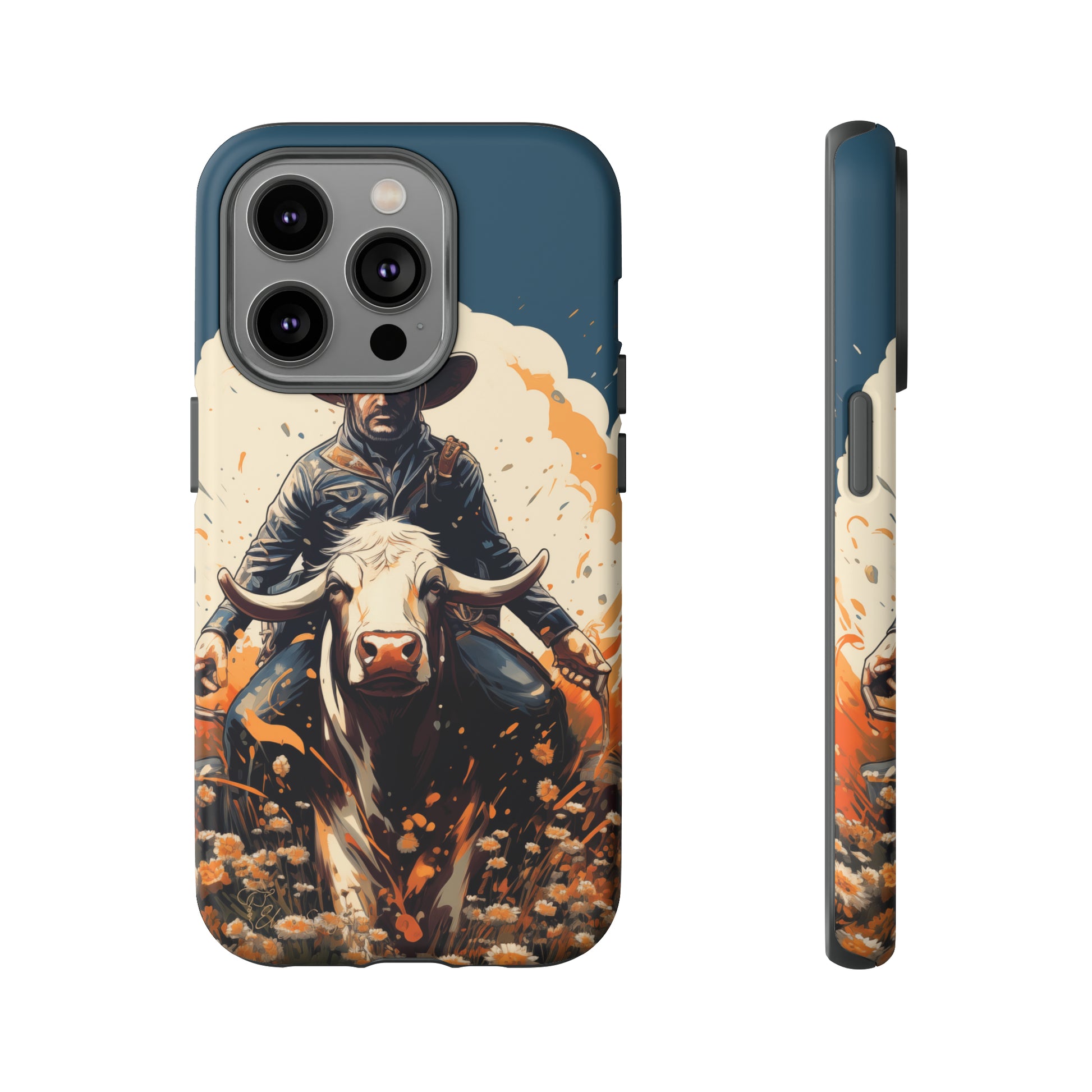 Time-Tested Charm: Immerse yourself in the charm of yesteryear with our Tough Cell Phone Case. Featuring a cowboy on a cow in a field of flowers, this design exudes retro vibes. Experience the perfect blend of vintage style and durable protection. Elevate your phone with a touch of timeless allure. #ElizaSinger #PhoneCase #VintageCharm