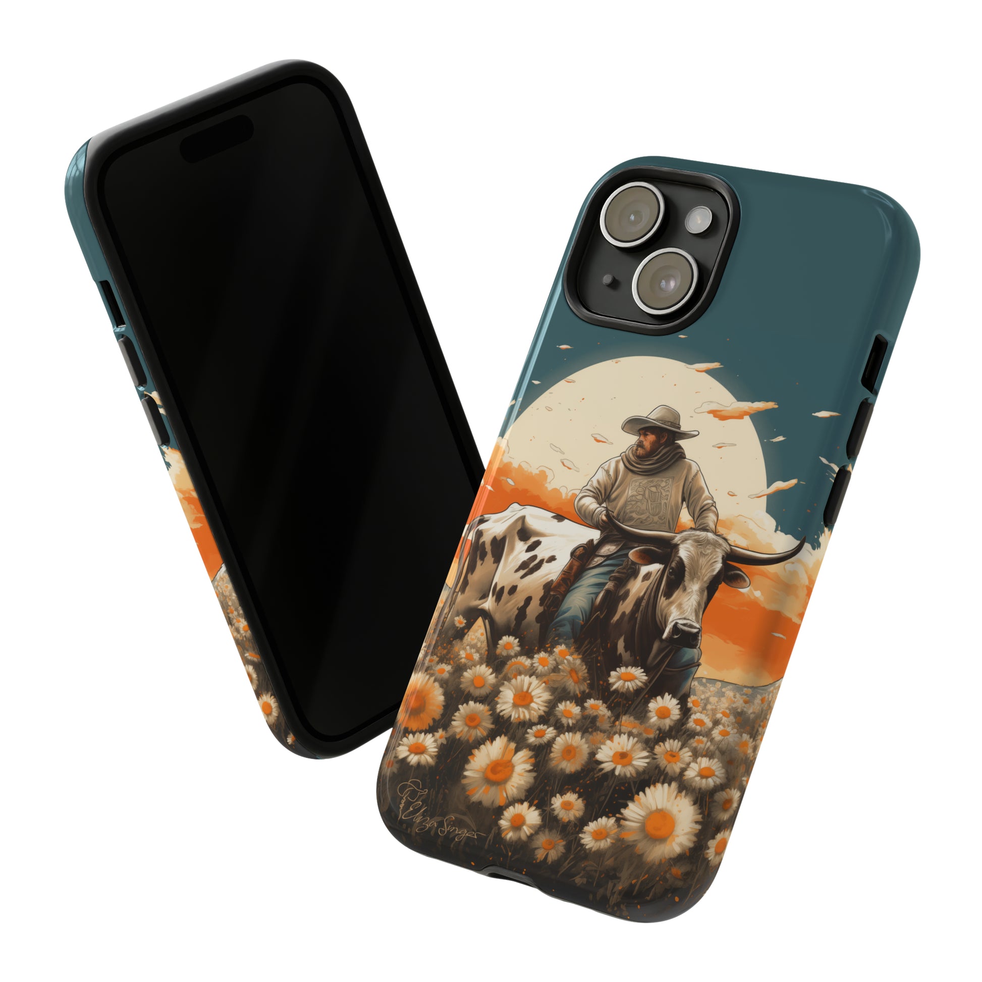 Harmony of Contrasts: Dive into our Tough Cell Phone Case, a visual symphony featuring a bullrider on a black and white dairy cow amidst a vibrant field of flowers. This edition effortlessly merges toughness with artistic flair, offering a unique and captivating contrast. Elevate your phone with rugged elegance. #ElizaSinger #PhoneCase #ContrastHarmony