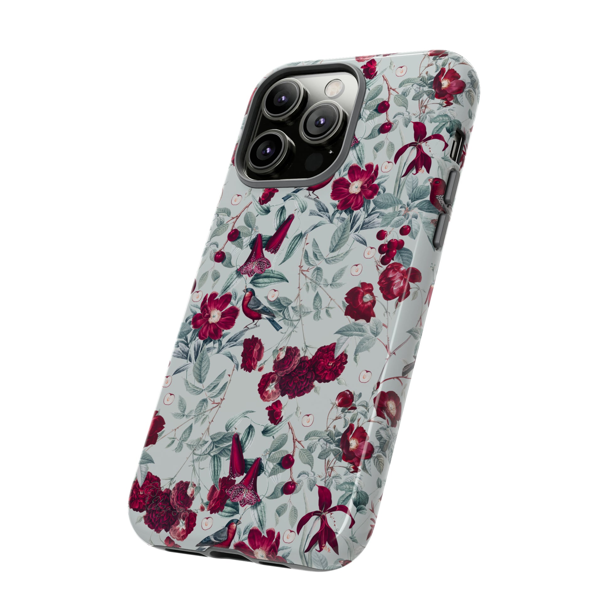 Cherry Blossom Serenade: Cherish nature's beauty with 'Cherry Blossom Serenade.' This iPhone case features flowers and burgundy birds on a blue background, creating a captivating floral wildlife bird and flower design. Elevate your device with this enchanting and stylish protective cover. #ElizaSinger #PhoneCase #FloralDesign