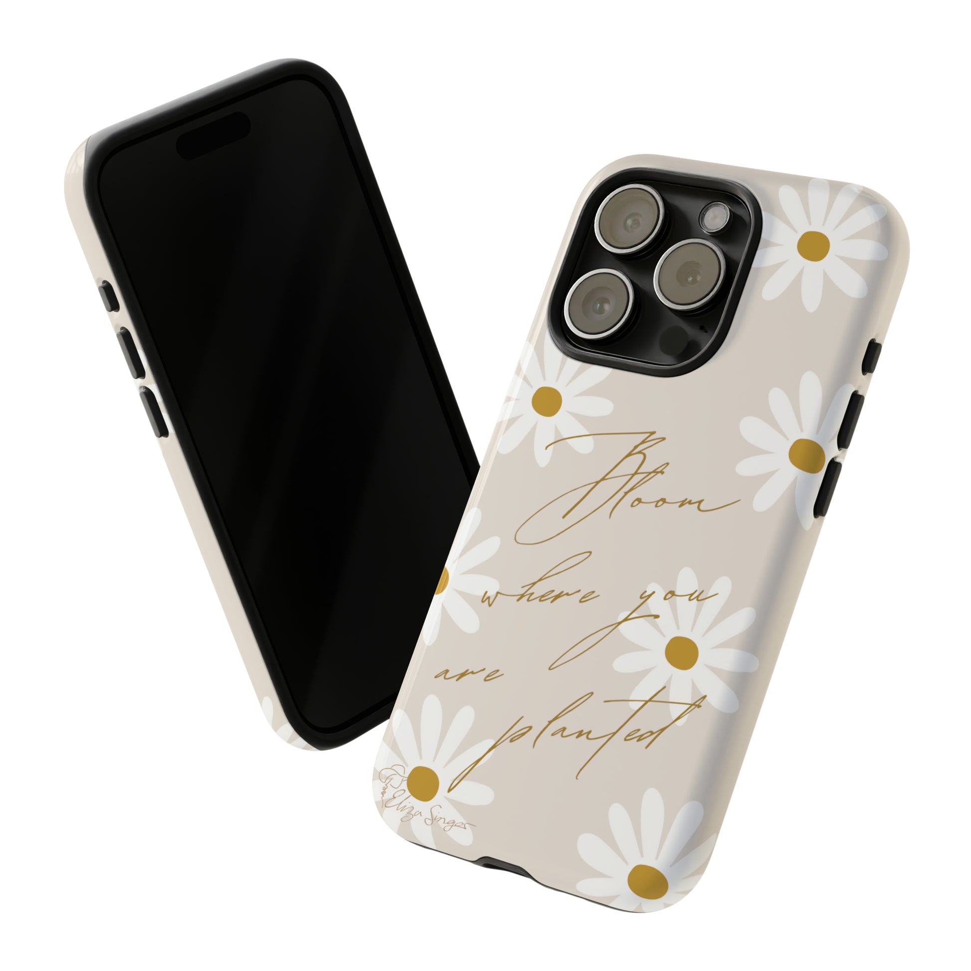 Sunny Boho Blooms: Boho Flower Daisy iPhone Tough Protective Case. A lively fusion of Flowers, Boho, and floral daisies design. Compatible with iPhone 15, 14, 13, XS, XR Pro/Max/Mini/P/Plus. Elevate Your Device with Bohemian Charm and Durability. #ElizaSinger #PhoneCase #FloralDesign
