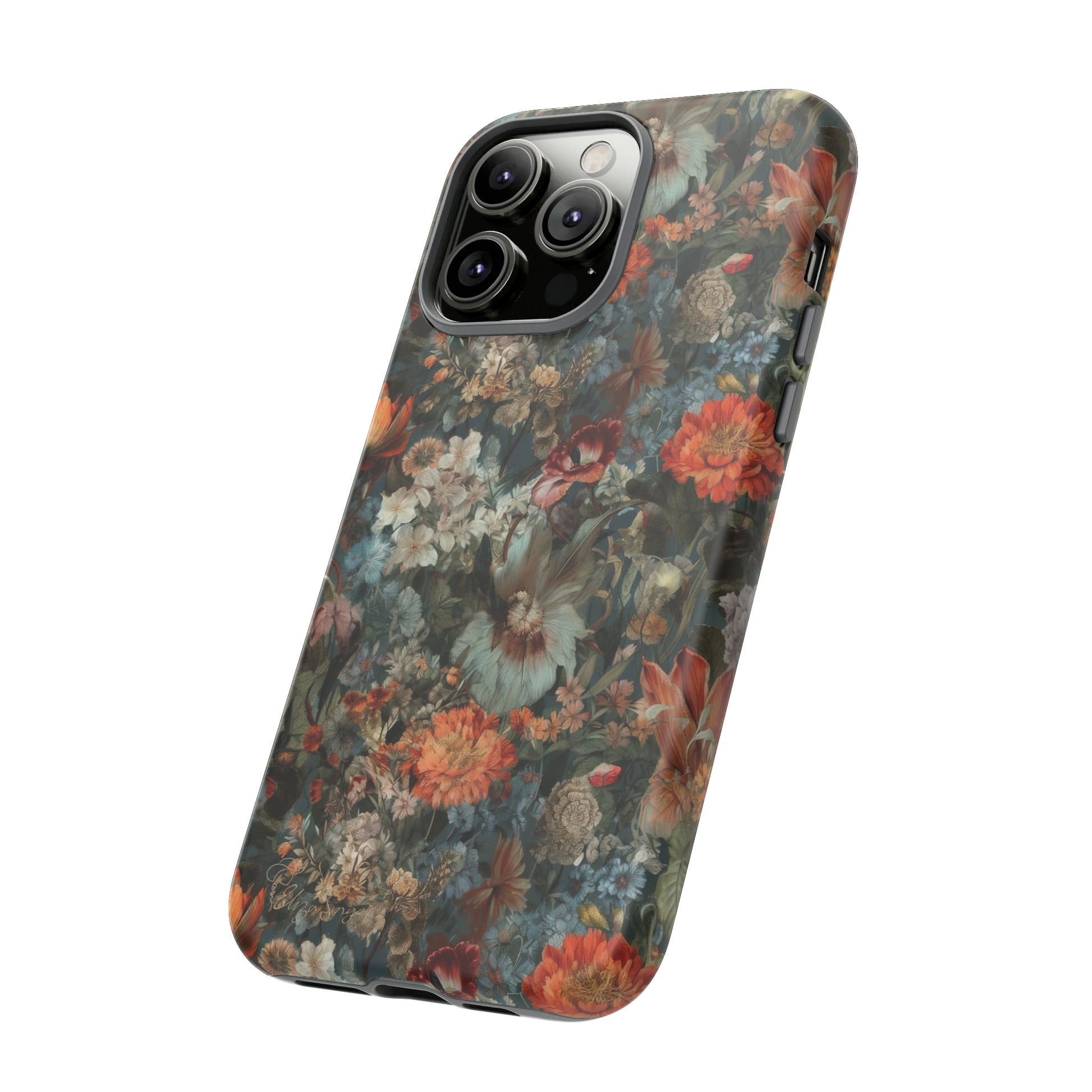 Blooms in Shadows: Botany Floral Dark Flowers iPhone Tough Protective Cover. A captivating blend of Flowers in muted colors, compatible with iPhone 15, 14, 13, XS, XR Pro/Max/Mini/P/Plus. Unleash Nature's Elegance with Durability and Style. #ElizaSinger #PhoneCase #FloralDesign
