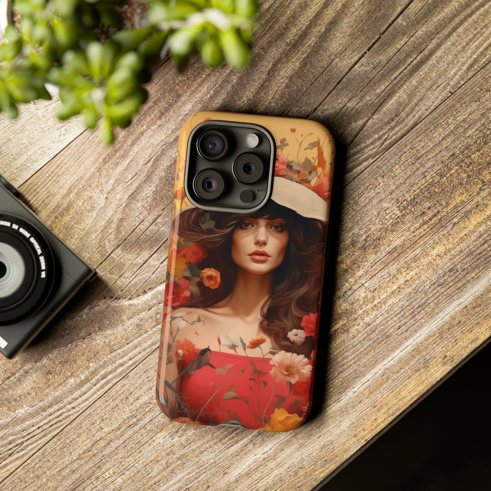 Bask in Sunshine: Embrace the warmth with our Tough Cell Phone Case. A yellow backdrop and a woman in a hat surrounded by flowers create a radiant design. Experience the perfect blend of style and protection, bringing sunshine into your everyday. Elevate your phone with a burst of brightness. #ElizaSinger #PhoneCase #SunshineRadiance