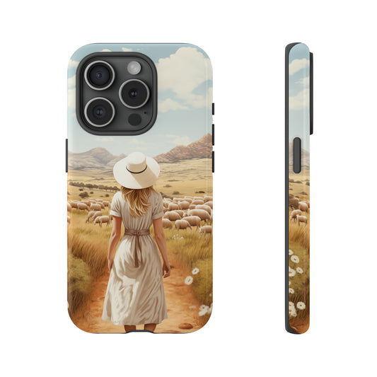 Dreamy Nostalgia: Immerse yourself in a vintage painted landscape with our Tough Western Cell Phone Case. Adorned with a woman in a hat strolling through a prairie with sheep, this edition captures the magic of the past. Elevate your phone with timeless charm. #ElizaSinger #PhoneCase 