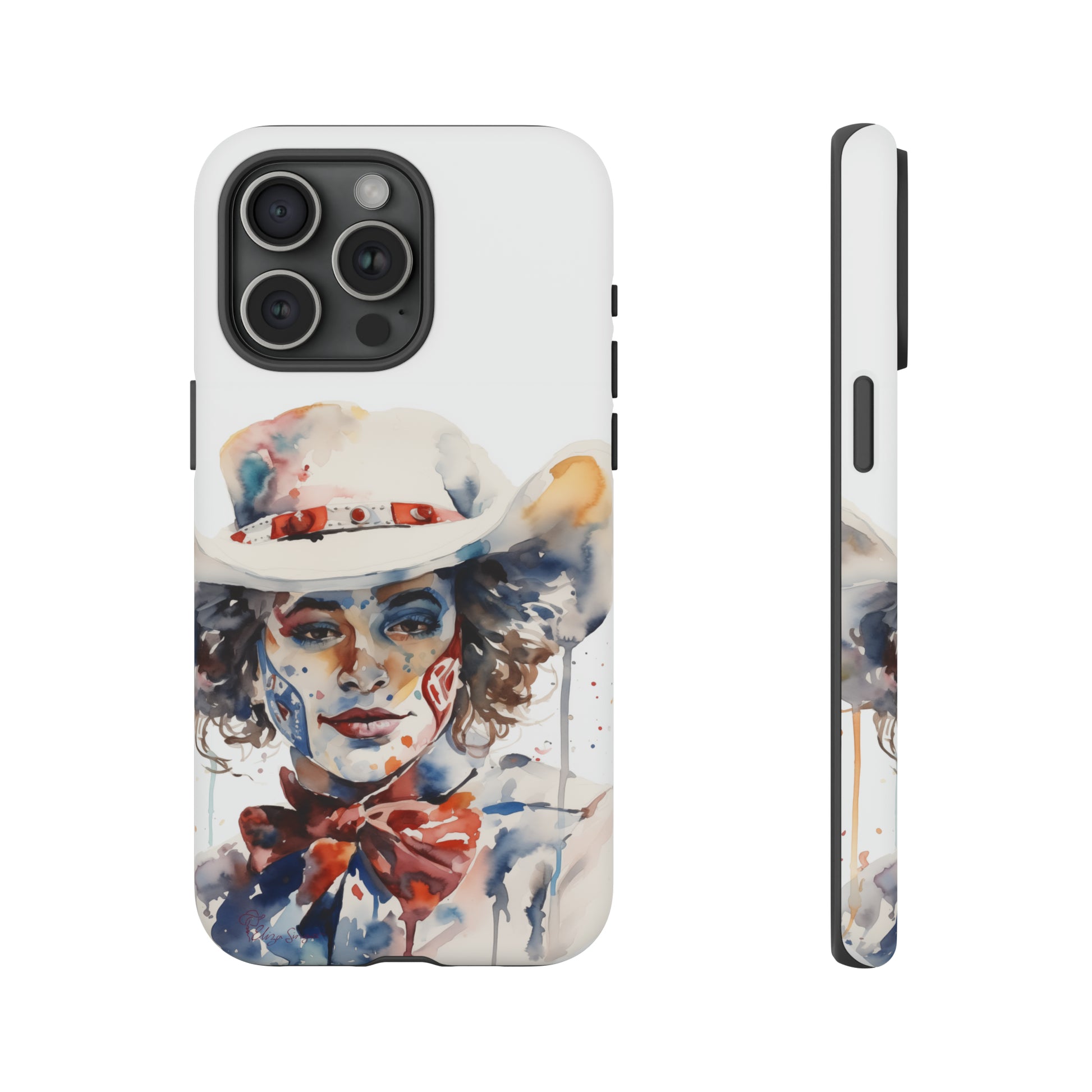 Presenting our Tough Western Cell Phone Case: Rodeo Clown Watercolor Gal Edition! This one-of-a-kind design showcases a vibrant watercolor portrayal of a woman as a rodeo clown on a white background. Enjoy the fusion of artistry and robust phone protection.