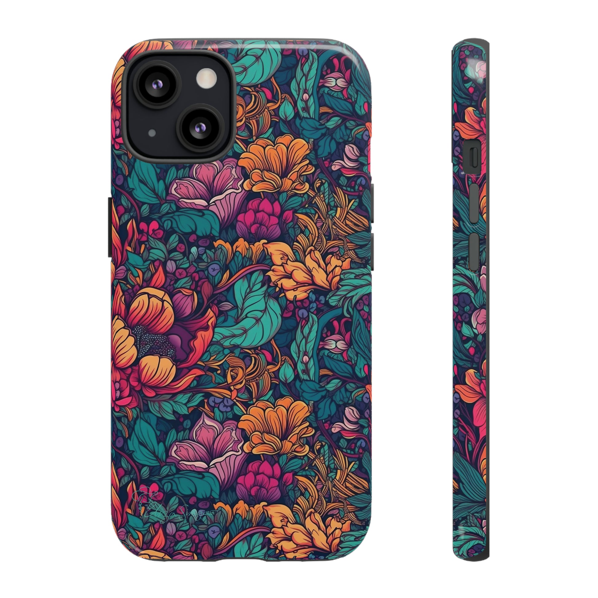 Vibrant Boho Blossoms: iPhone Tough Protective Cover. Featuring a bright abstract floral design, this case adds a touch of Bohemian flair. Compatible with iPhone 15, 14, 13, XS, XR Pro/Max/Mini/P/Plus. Embrace Boho Chic with Style and Durability. #ElizaSinger #PhoneCase #FloralDesign