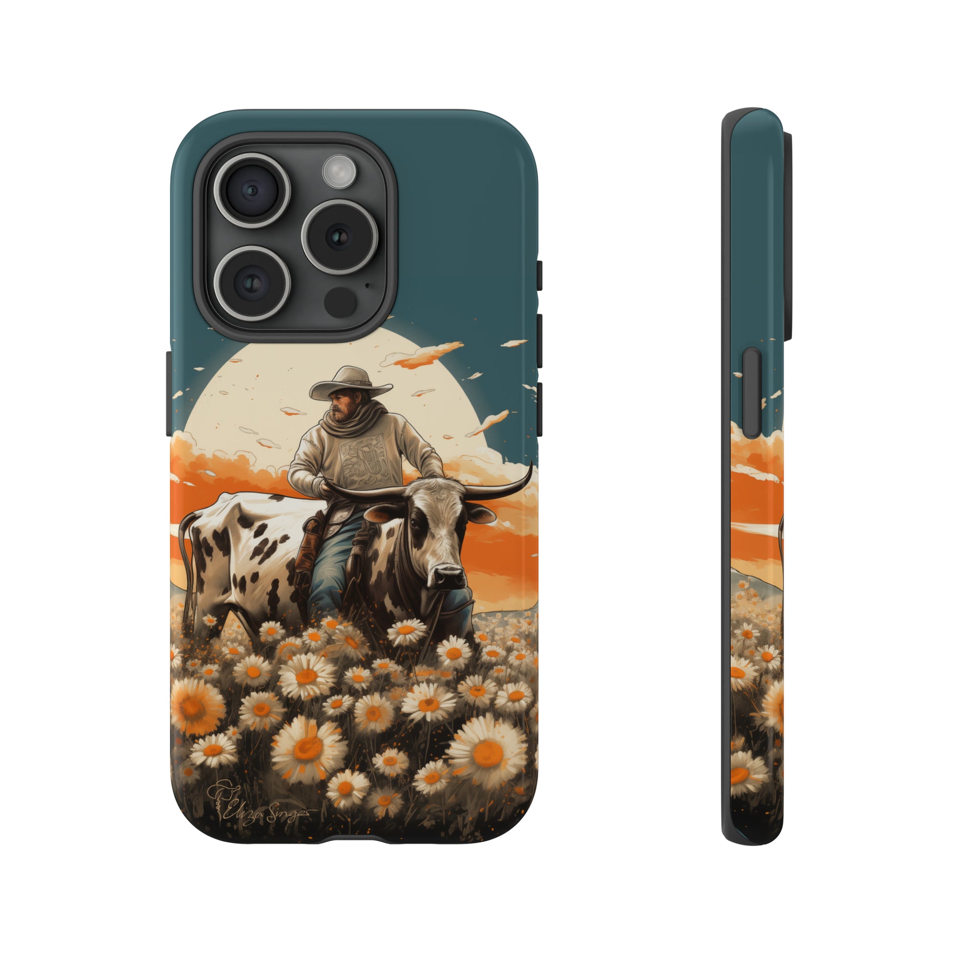 Harmony of Contrasts: Dive into our Tough Cell Phone Case, a visual symphony featuring a bullrider on a black and white dairy cow amidst a vibrant field of flowers. This edition effortlessly merges toughness with artistic flair, offering a unique and captivating contrast. Elevate your phone with rugged elegance. #ElizaSinger #PhoneCase #ContrastHarmony