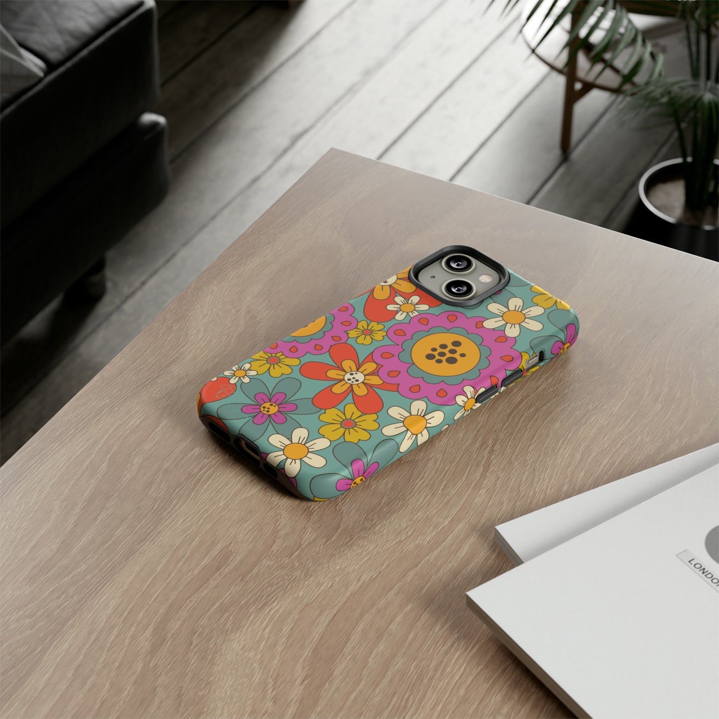 Step into the Groove: Groovy Hippie Hippy Design iPhone Tough Protective Cover. A nod to the 60's with Daisy Design in Turquoise and Pink. Compatible with iPhone 15, 14, 13, XS, XR Pro/Max/Mini/P/Plus. Embrace Retro Vibes with Style and Durability. #ElizaSinger #PhoneCase #GroovyDesign 