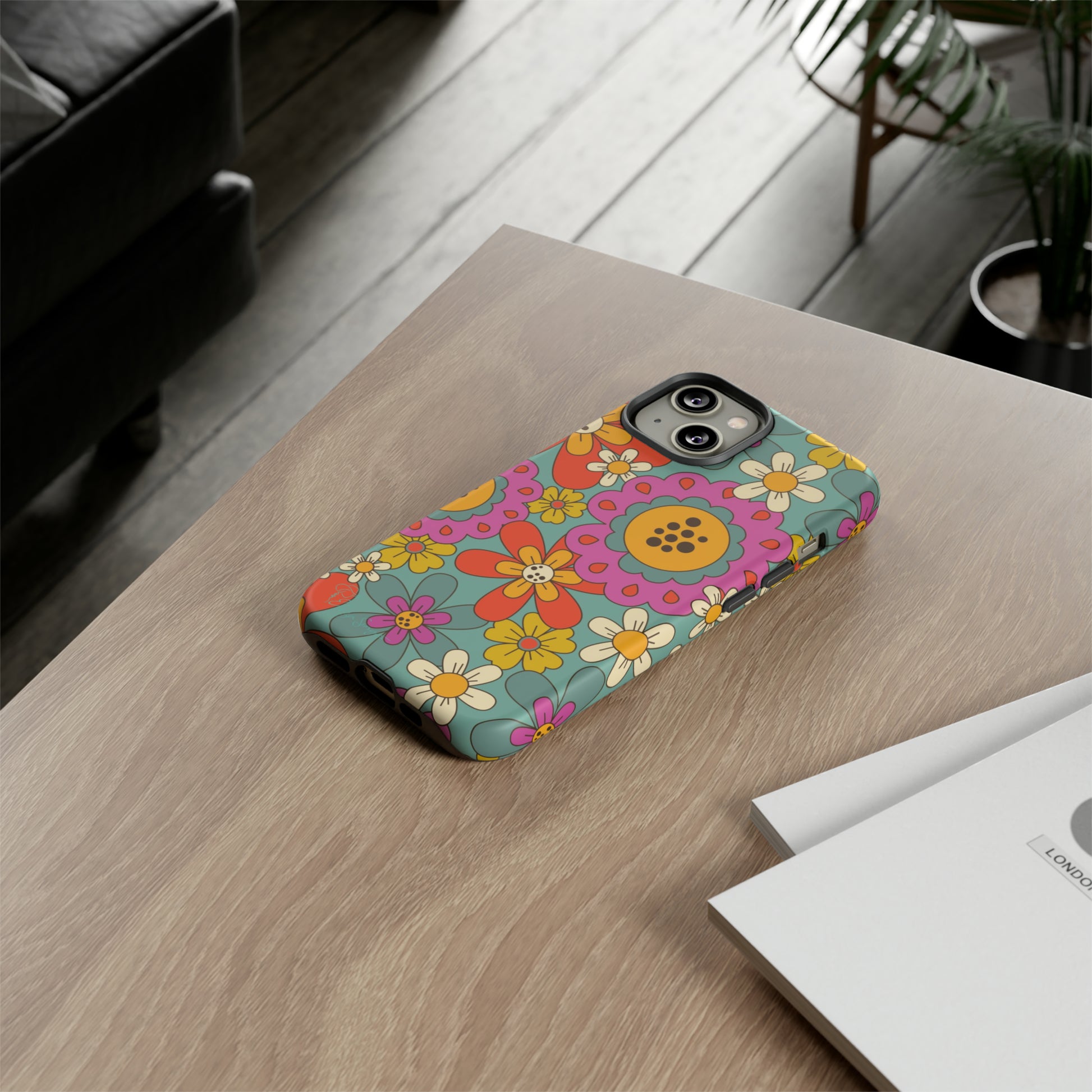 Step into the Groove: Groovy Hippie Hippy Design iPhone Tough Protective Cover. A nod to the 60's with Daisy Design in Turquoise and Pink. Compatible with iPhone 15, 14, 13, XS, XR Pro/Max/Mini/P/Plus. Embrace Retro Vibes with Style and Durability. #ElizaSinger #PhoneCase #GroovyDesign 