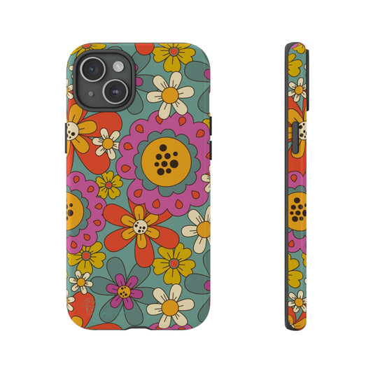 Step into the Groove: Groovy Hippie Hippy Design iPhone Tough Protective Cover. A nod to the 60's with Daisy Design in Turquoise and Pink. Compatible with iPhone 15, 14, 13, XS, XR Pro/Max/Mini/P/Plus. Embrace Retro Vibes with Style and Durability. #ElizaSinger #PhoneCase #GroovyDesign 