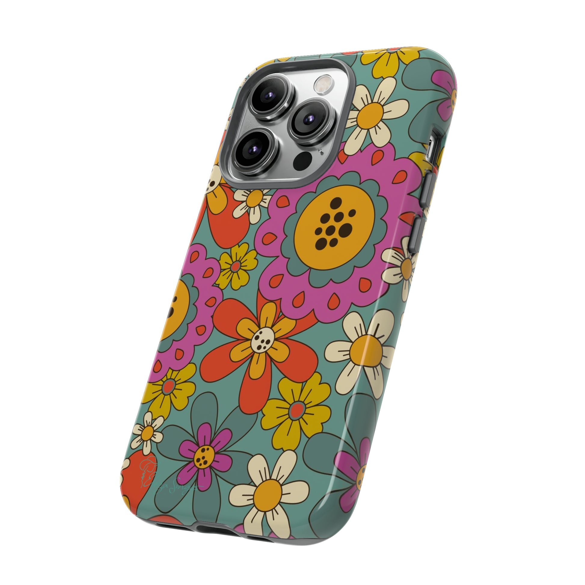 Step into the Groove: Groovy Hippie Hippy Design iPhone Tough Protective Cover. A nod to the 60's with Daisy Design in Turquoise and Pink. Compatible with iPhone 15, 14, 13, XS, XR Pro/Max/Mini/P/Plus. Embrace Retro Vibes with Style and Durability. #ElizaSinger #PhoneCase #GroovyDesign 