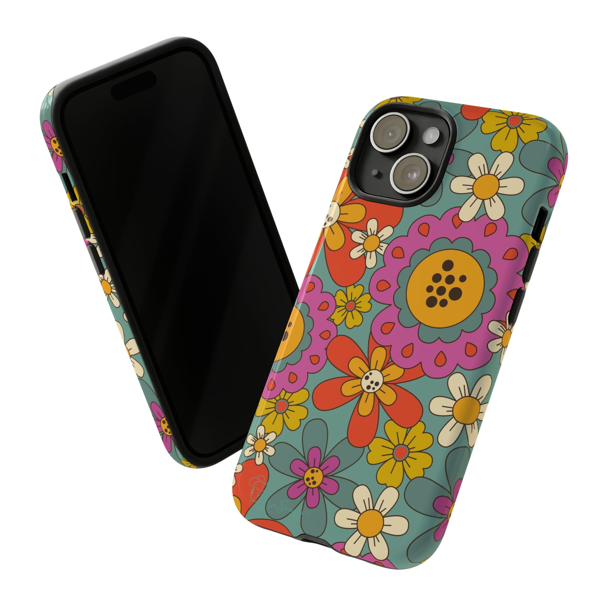 Step into the Groove: Groovy Hippie Hippy Design iPhone Tough Protective Cover. A nod to the 60's with Daisy Design in Turquoise and Pink. Compatible with iPhone 15, 14, 13, XS, XR Pro/Max/Mini/P/Plus. Embrace Retro Vibes with Style and Durability. #ElizaSinger #PhoneCase #GroovyDesign 