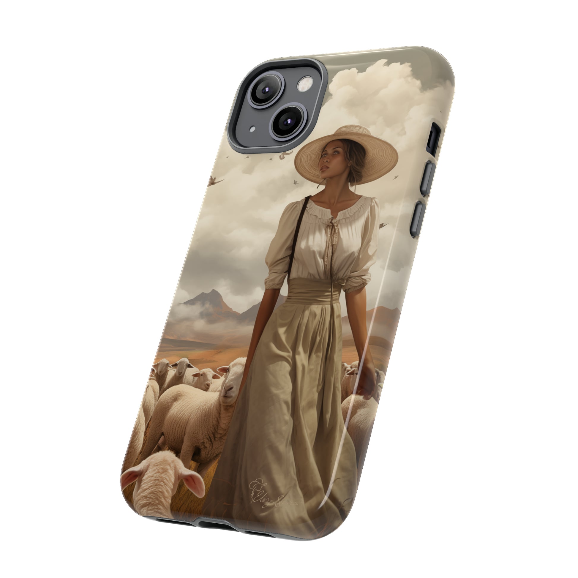 Immerse yourself in a dreamy landscape with our Tough Western Cell Phone Case showcasing a vintage painted design of a woman wearing a hat, walking through a prairie landscape with sheep behind her. Experience the magic of the past with this edition.