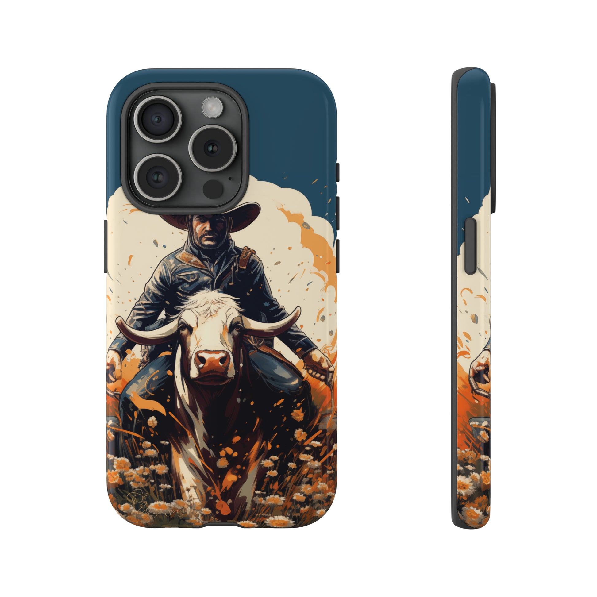 Time-Tested Charm: Immerse yourself in the charm of yesteryear with our Tough Cell Phone Case. Featuring a cowboy on a cow in a field of flowers, this design exudes retro vibes. Experience the perfect blend of vintage style and durable protection. Elevate your phone with a touch of timeless allure. #ElizaSinger #PhoneCase #VintageCharm