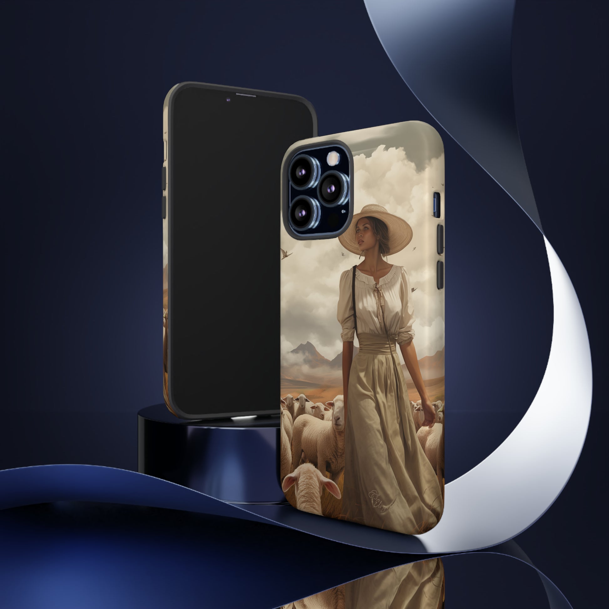 Immerse yourself in a dreamy landscape with our Tough Western Cell Phone Case showcasing a vintage painted design of a woman wearing a hat, walking through a prairie landscape with sheep behind her. Experience the magic of the past with this edition.
