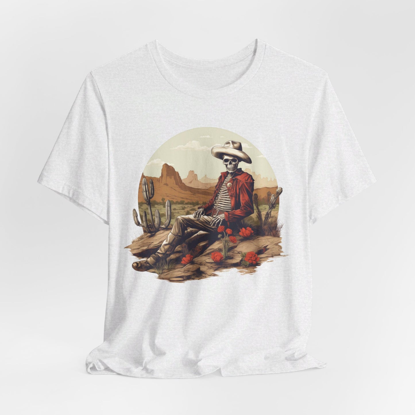 Skeleton Cowboy in Desert: Red Blazer Bella Canvas T-shirt