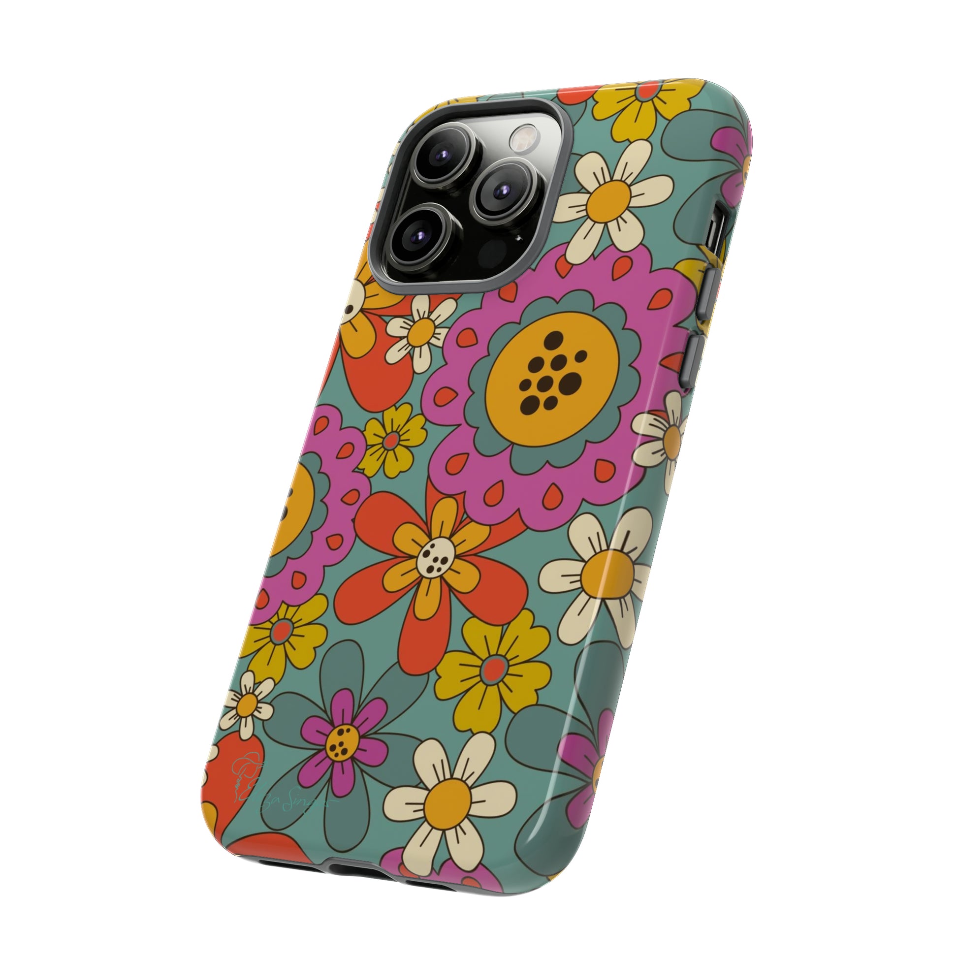 Step into the Groove: Groovy Hippie Hippy Design iPhone Tough Protective Cover. A nod to the 60's with Daisy Design in Turquoise and Pink. Compatible with iPhone 15, 14, 13, XS, XR Pro/Max/Mini/P/Plus. Embrace Retro Vibes with Style and Durability. #ElizaSinger #PhoneCase #GroovyDesign 