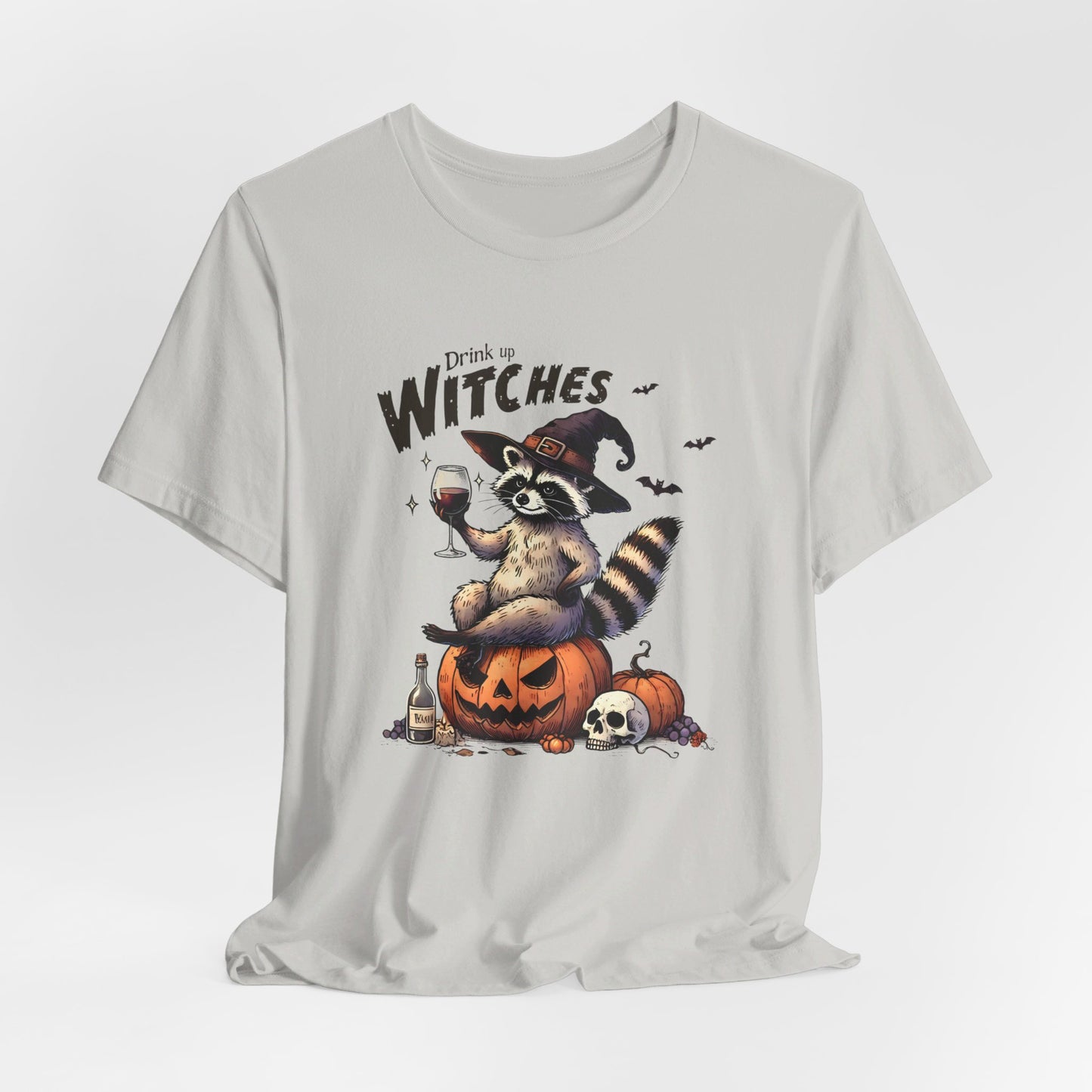 Drink Up Witches: Halloween Bella Canvas T-shirt with Raccoon