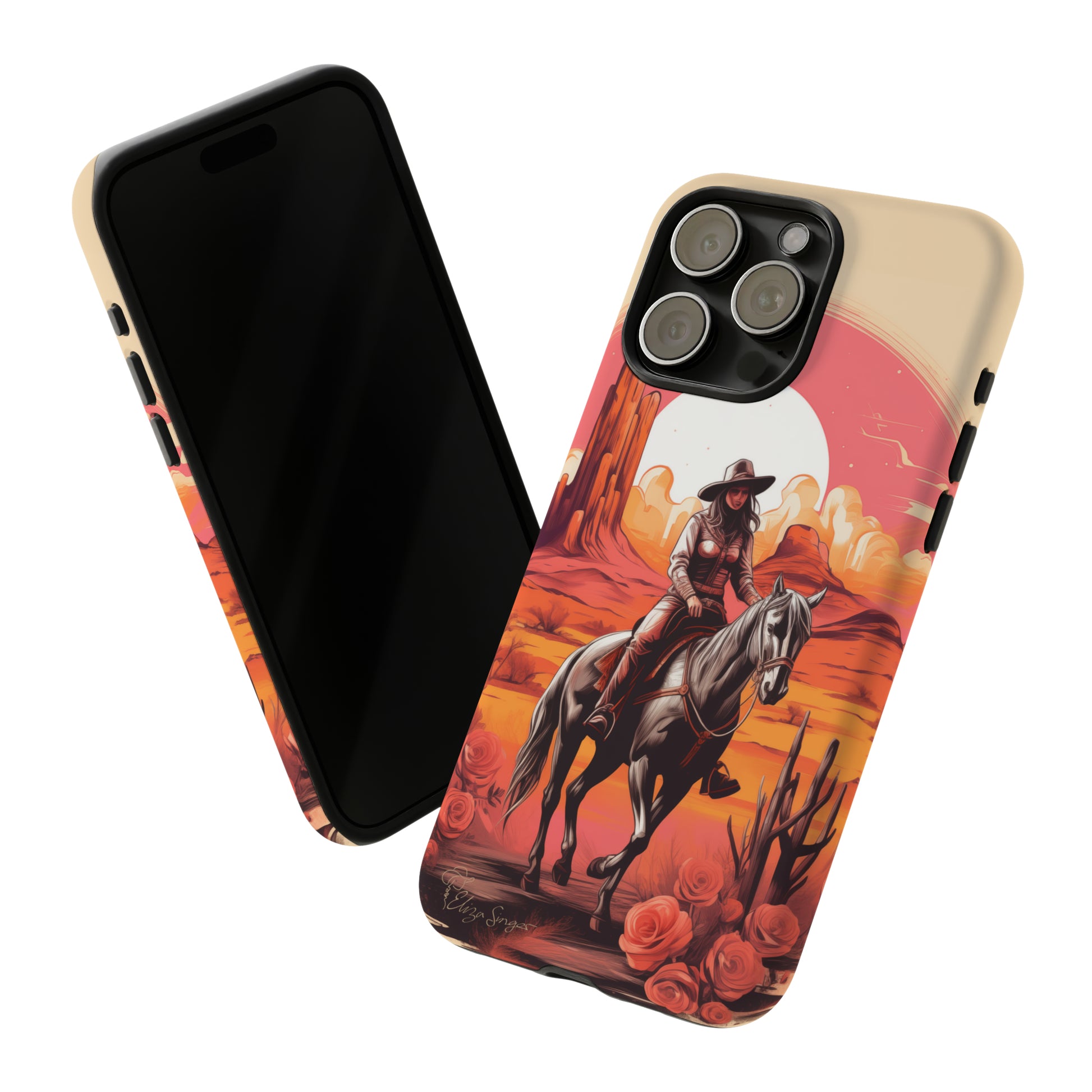 Feminine Adventure Unleashed: Introducing our Tough Western Cell Phone Case, adorned with a stunning design of a cowgirl riding a horse through the desert, surrounded by shades of coral. This unique edition seamlessly combines rugged protection with a touch of feminine flair. Elevate your style with a dash of adventurous charm. #ElizaSinger #PhoneCase #FeminineAdventure 