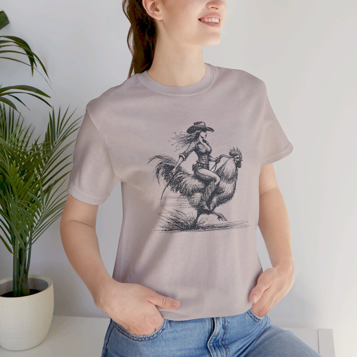 Scribble Style: Bella Canvas T-shirt with Cowgirl on Rooster