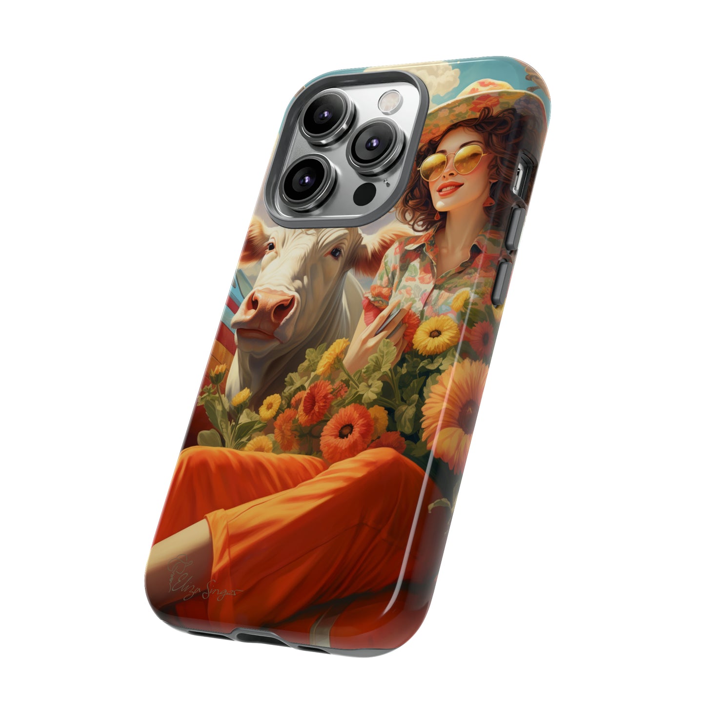 Timeless Retro Charm: Step back in time with our Tough Western Cell Phone Case. Featuring a vintage and bright design, a woman in a hat with daisies is accompanied by a cow looking over her shoulder. Experience the perfect blend of retro aesthetics and durability. Elevate your style with a touch of nostalgia. #ElizaSinger #PhoneCase #RetroStyle 