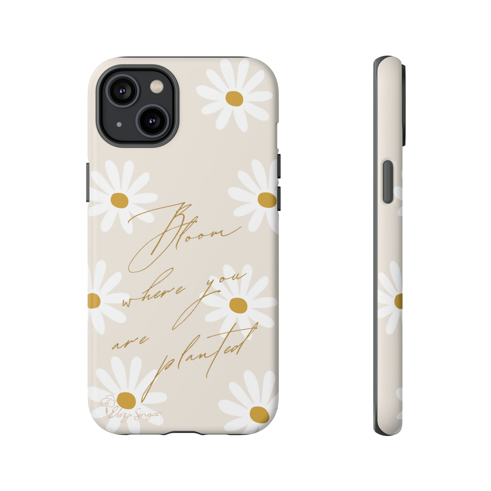 Sunny Boho Blooms: Boho Flower Daisy iPhone Tough Protective Case. A lively fusion of Flowers, Boho, and floral daisies design. Compatible with iPhone 15, 14, 13, XS, XR Pro/Max/Mini/P/Plus. Elevate Your Device with Bohemian Charm and Durability. #ElizaSinger #PhoneCase #FloralDesign
