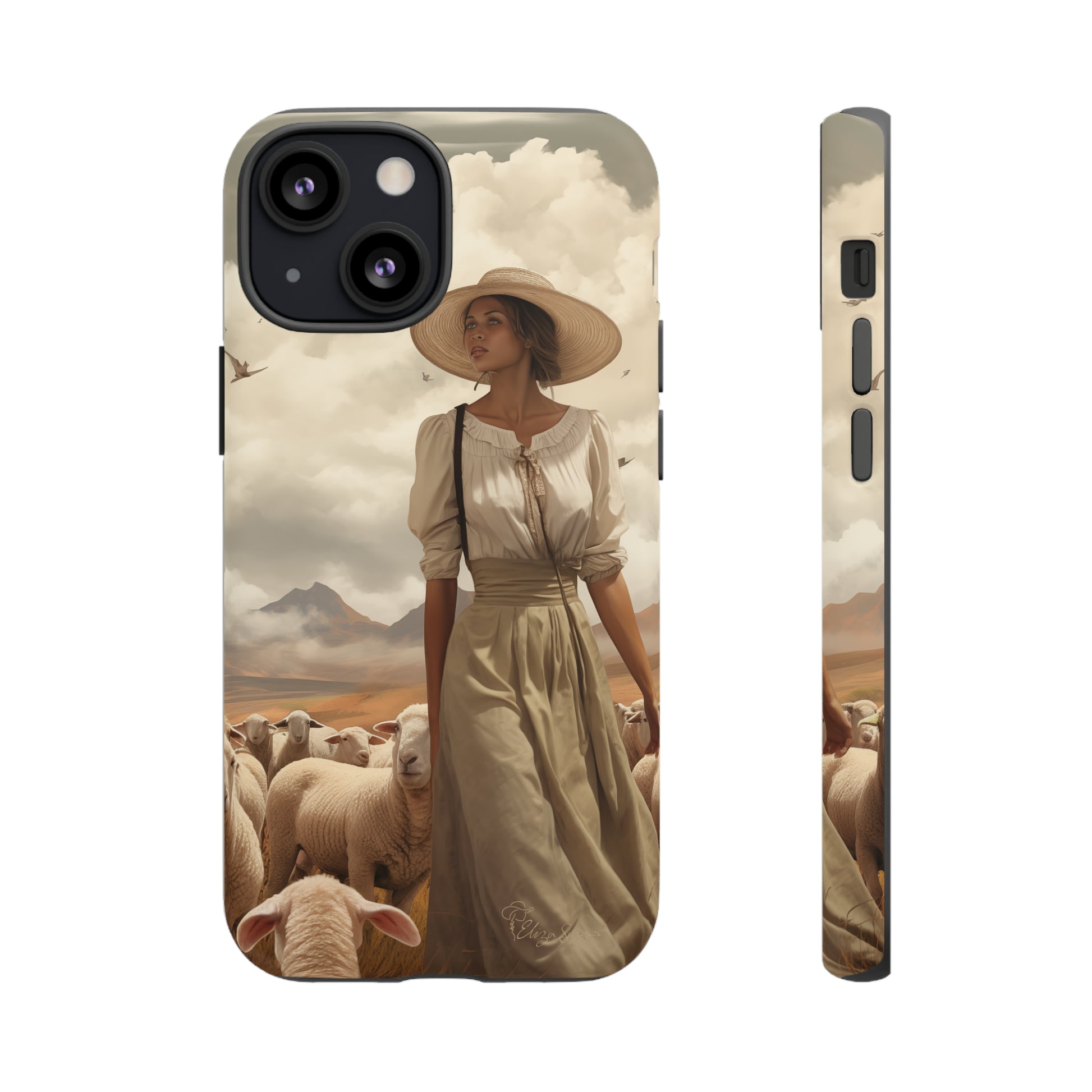 Immerse yourself in a dreamy landscape with our Tough Western Cell Phone Case showcasing a vintage painted design of a woman wearing a hat, walking through a prairie landscape with sheep behind her. Experience the magic of the past with this edition.