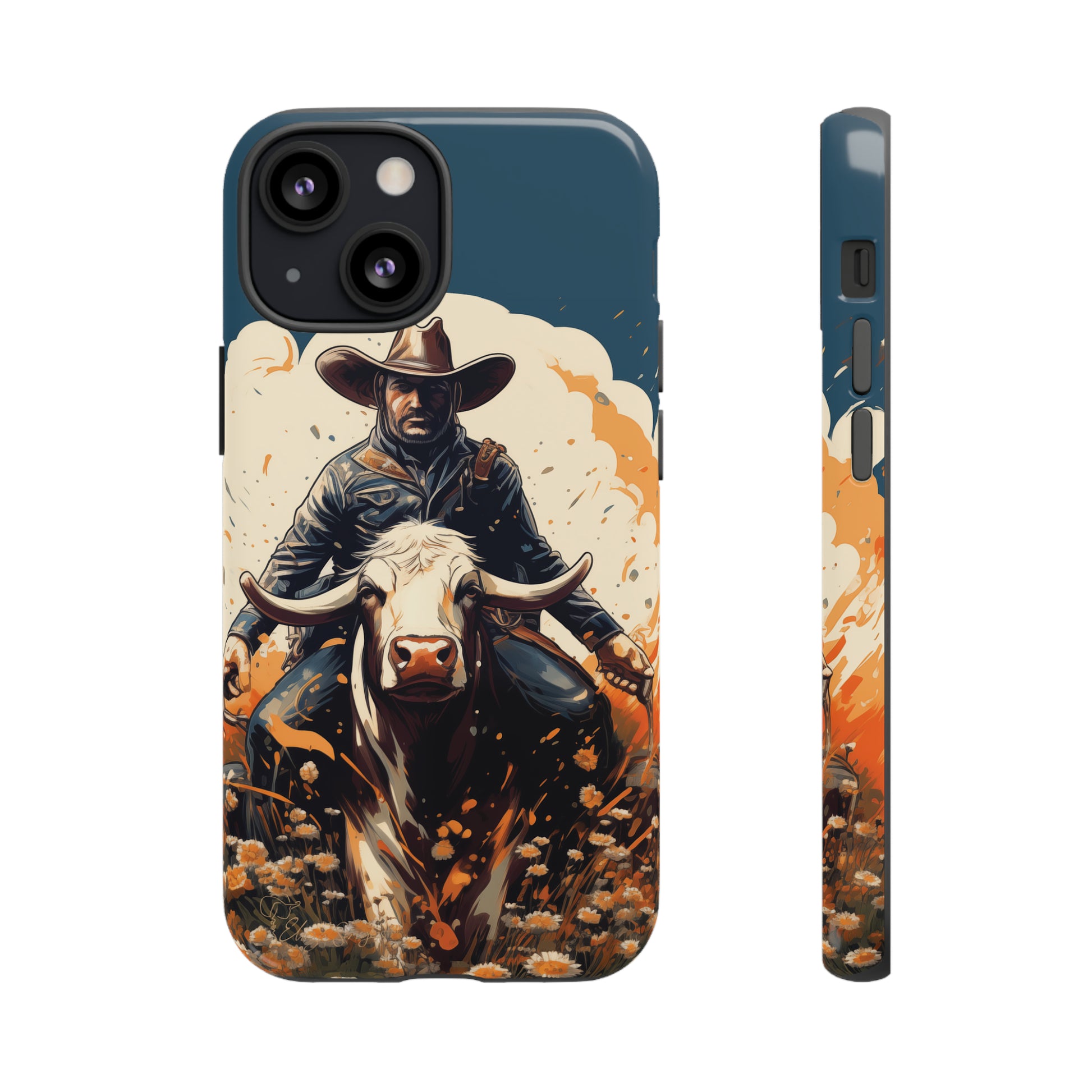 Time-Tested Charm: Immerse yourself in the charm of yesteryear with our Tough Cell Phone Case. Featuring a cowboy on a cow in a field of flowers, this design exudes retro vibes. Experience the perfect blend of vintage style and durable protection. Elevate your phone with a touch of timeless allure. #ElizaSinger #PhoneCase #VintageCharm
