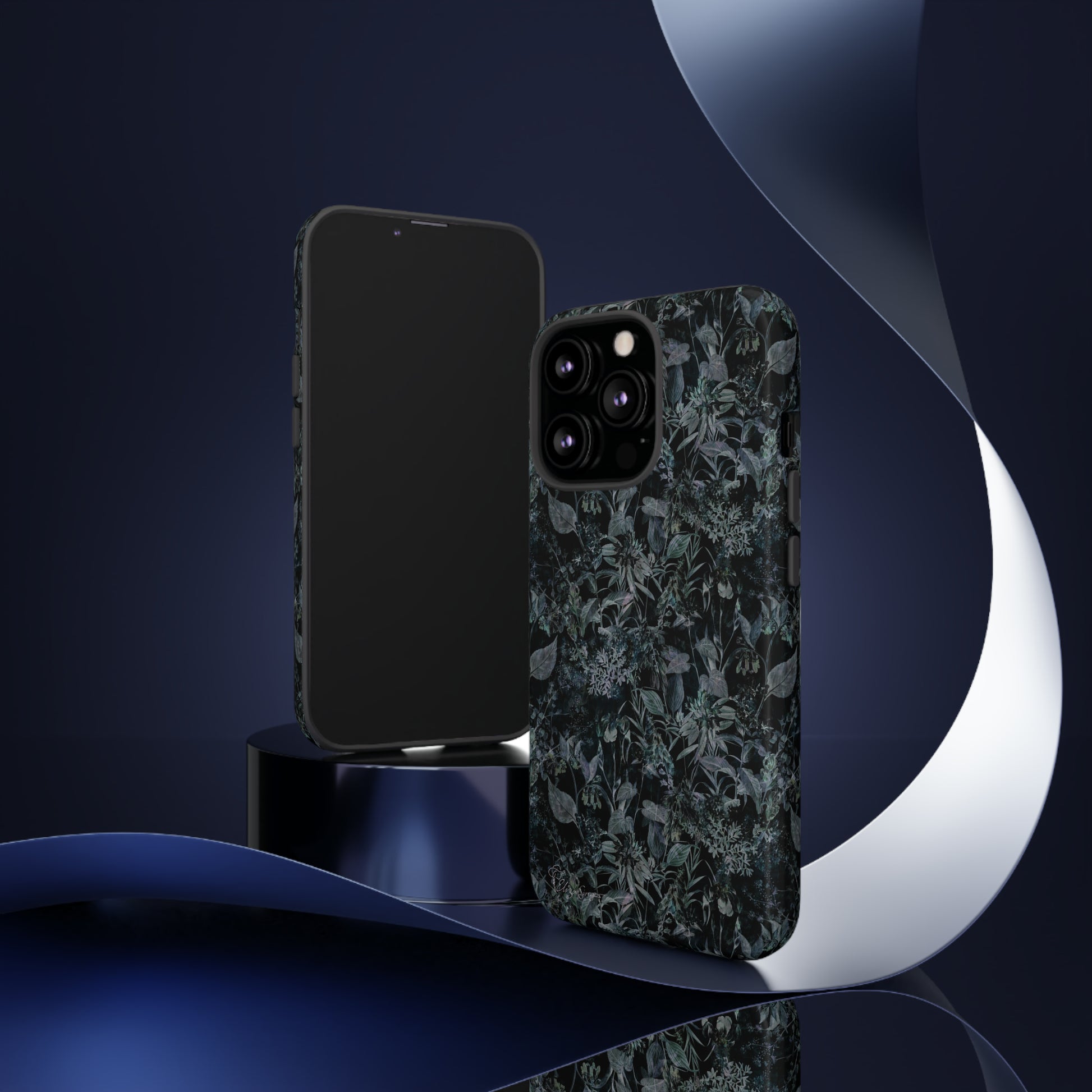 Blossom in Style: Botany Floral Dark Flowers Blue Denim iPhone Tough Protective Cover. This case features a Flower and Muted Grey Design, compatible with iPhone 15, 14, 13, XS, XR Pro/Max/Mini/P/Plus. Unleash Nature's Beauty with Style and Durability. #ElizaSinger #PhoneCase #FloralDesign