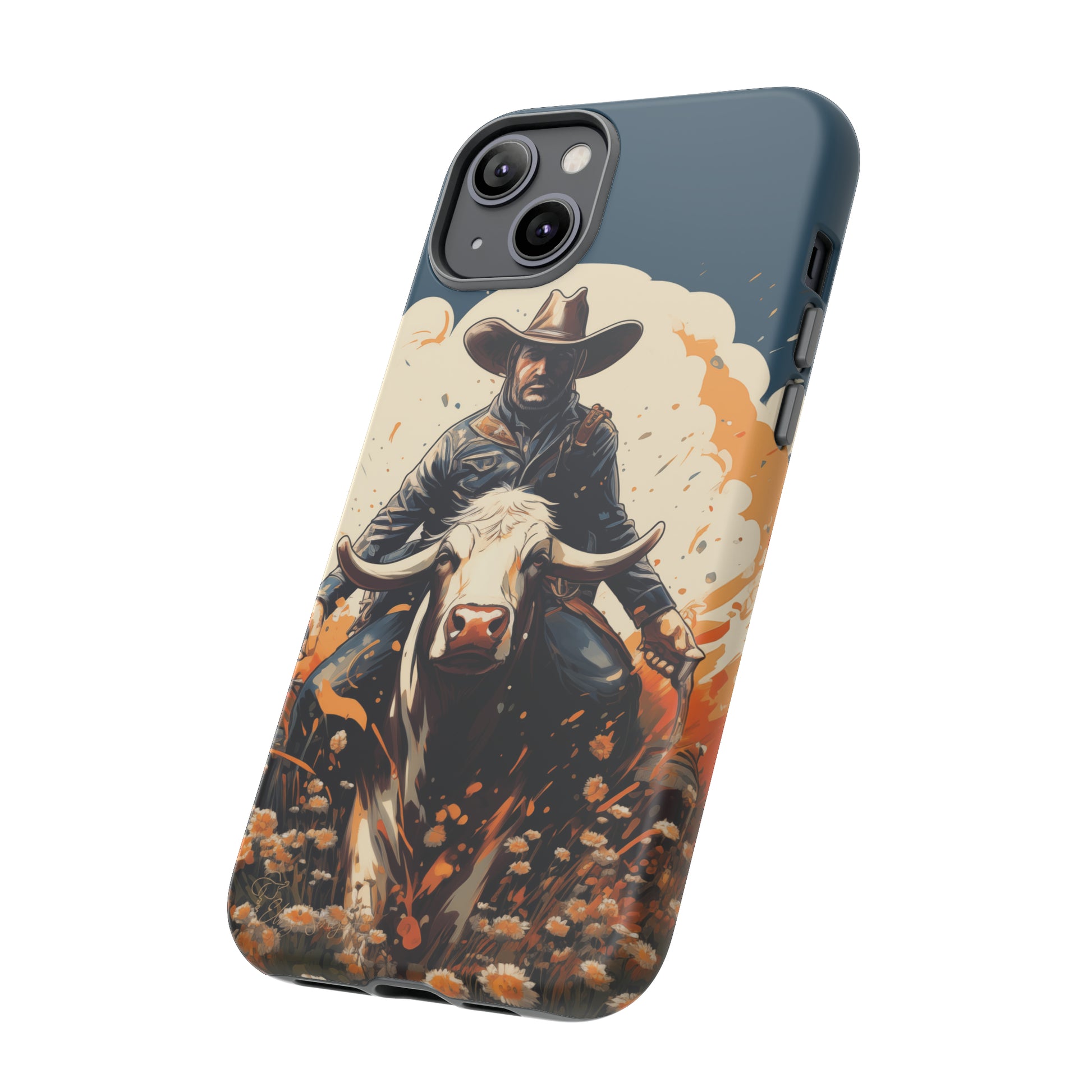 Time-Tested Charm: Immerse yourself in the charm of yesteryear with our Tough Cell Phone Case. Featuring a cowboy on a cow in a field of flowers, this design exudes retro vibes. Experience the perfect blend of vintage style and durable protection. Elevate your phone with a touch of timeless allure. #ElizaSinger #PhoneCase #VintageCharm