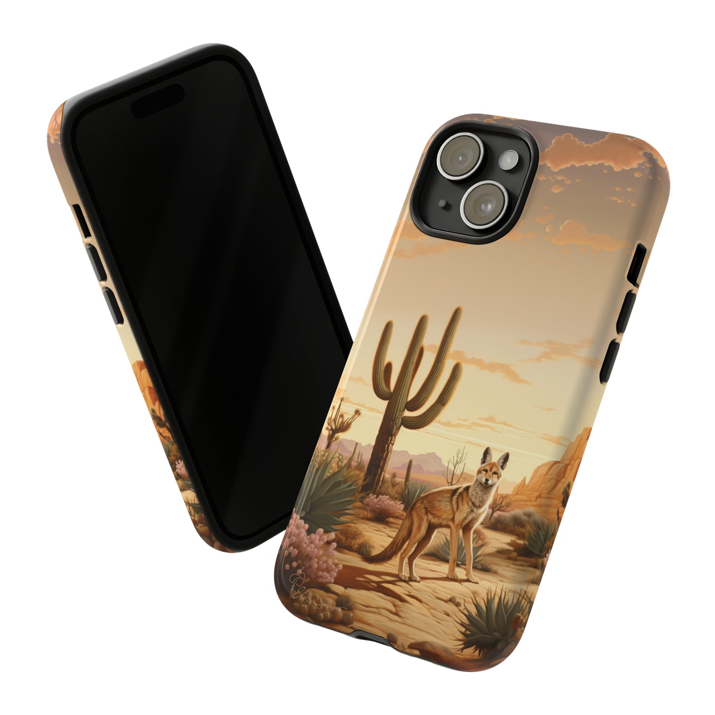 Unveiling our Western Tough Cell Phone Case: Dusk Jackal Oasis Edition! Witness the beauty of dusk with a jackal in a desert landscape next to a cactus. This design offers both rugged protection and a touch of twilight elegance.