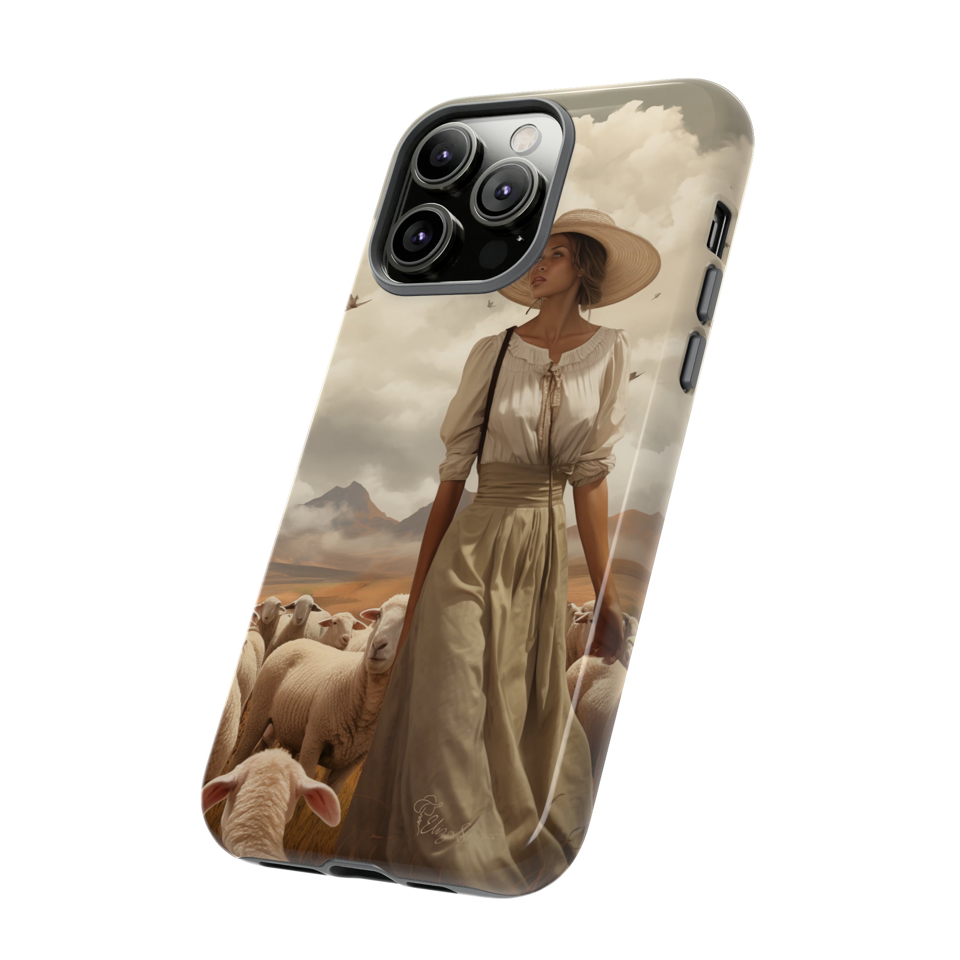 Immerse yourself in a dreamy landscape with our Tough Western Cell Phone Case showcasing a vintage painted design of a woman wearing a hat, walking through a prairie landscape with sheep behind her. Experience the magic of the past with this edition.