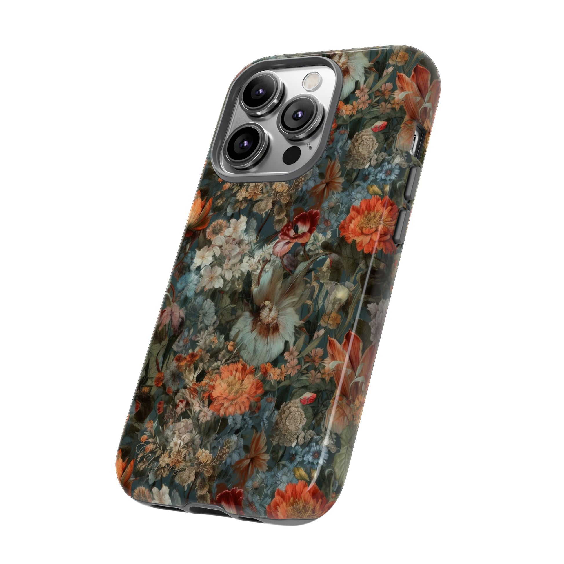 Blooms in Shadows: Botany Floral Dark Flowers iPhone Tough Protective Cover. A captivating blend of Flowers in muted colors, compatible with iPhone 15, 14, 13, XS, XR Pro/Max/Mini/P/Plus. Unleash Nature's Elegance with Durability and Style. #ElizaSinger #PhoneCase #FloralDesign