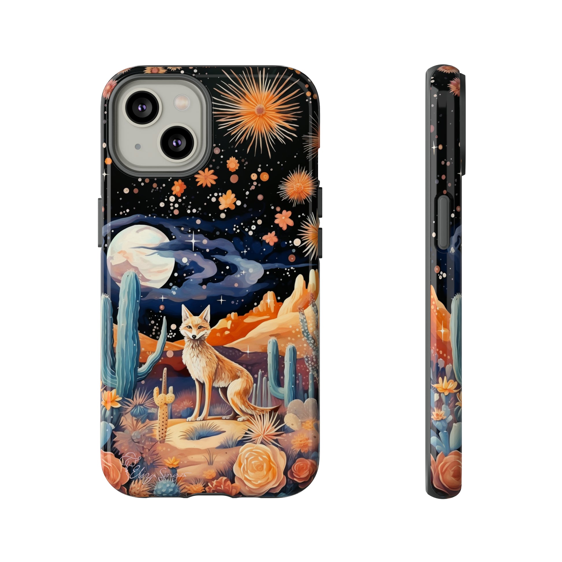 Introducing our Tough Western Cell Phone Case: Midnight Mirage Jackal Edition! Dive into the mysterious desert night with a striking depiction of a jackal, cacti, and a starry sky. This design offers the ideal combination of durability and desert charm.