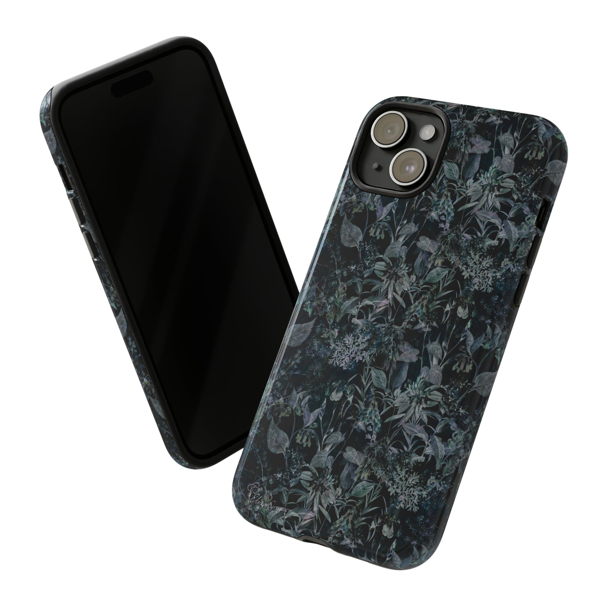 Blossom in Style: Botany Floral Dark Flowers Blue Denim iPhone Tough Protective Cover. This case features a Flower and Muted Grey Design, compatible with iPhone 15, 14, 13, XS, XR Pro/Max/Mini/P/Plus. Unleash Nature's Beauty with Style and Durability. #ElizaSinger #PhoneCase #FloralDesign