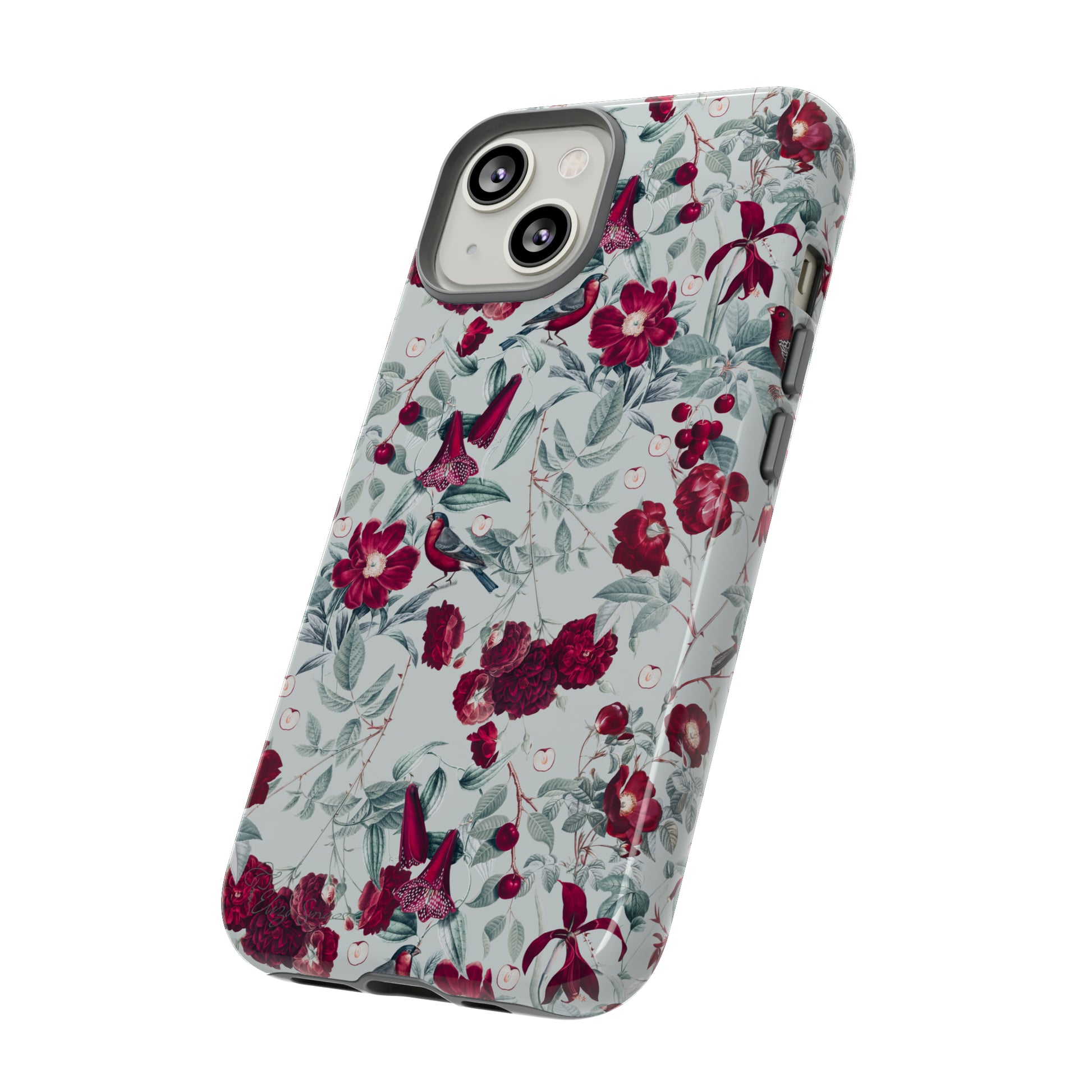 Cherry Blossom Serenade: Cherish nature's beauty with 'Cherry Blossom Serenade.' This iPhone case features flowers and burgundy birds on a blue background, creating a captivating floral wildlife bird and flower design. Elevate your device with this enchanting and stylish protective cover. #ElizaSinger #PhoneCase #FloralDesign