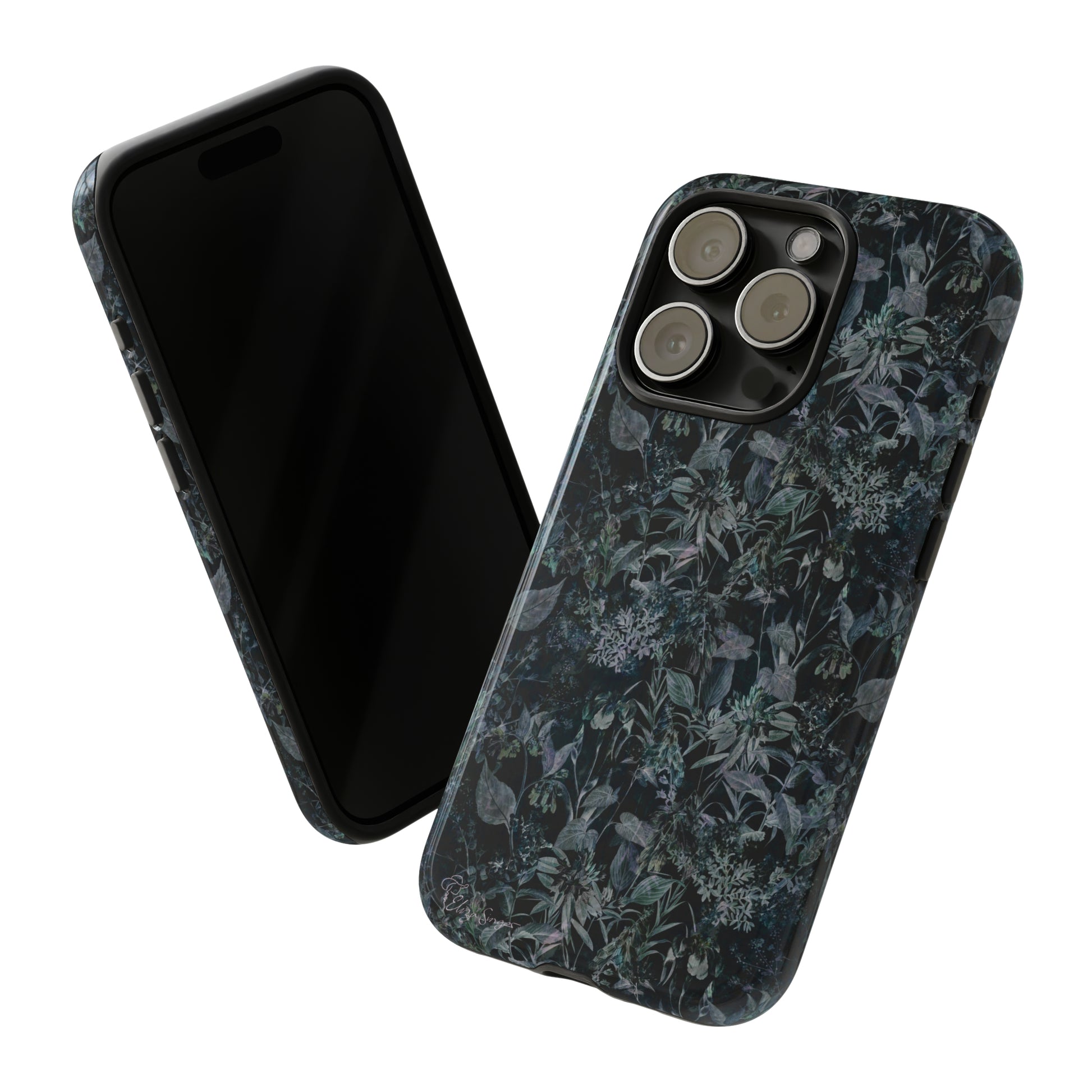 Blossom in Style: Botany Floral Dark Flowers Blue Denim iPhone Tough Protective Cover. This case features a Flower and Muted Grey Design, compatible with iPhone 15, 14, 13, XS, XR Pro/Max/Mini/P/Plus. Unleash Nature's Beauty with Style and Durability. #ElizaSinger #PhoneCase #FloralDesign