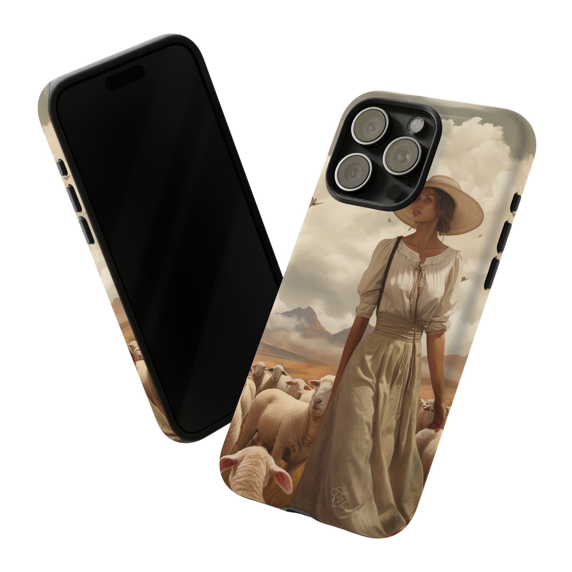 Immerse yourself in a dreamy landscape with our Tough Western Cell Phone Case showcasing a vintage painted design of a woman wearing a hat, walking through a prairie landscape with sheep behind her. Experience the magic of the past with this edition.