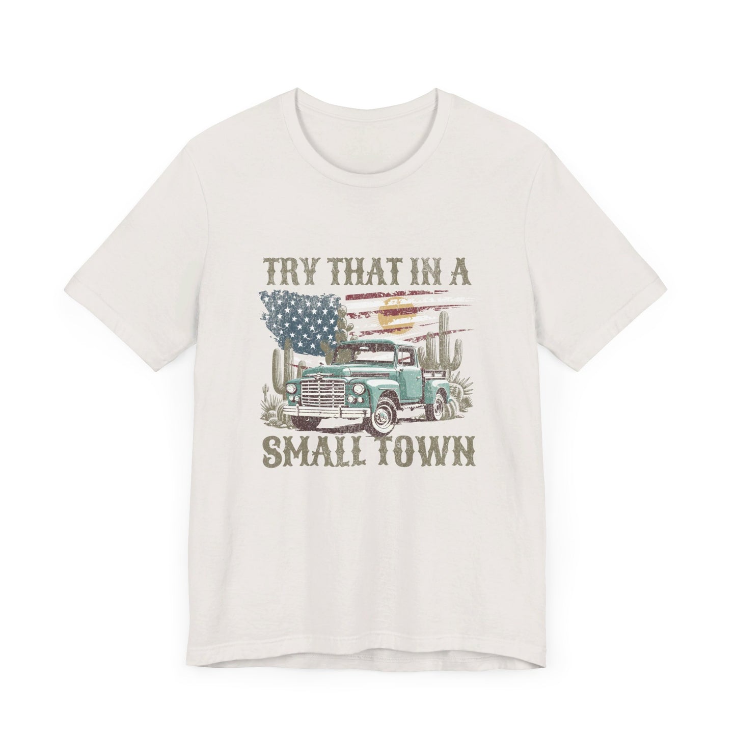 Small Town Pride: Bella Canvas T-shirt with Vintage Pickup and Flag