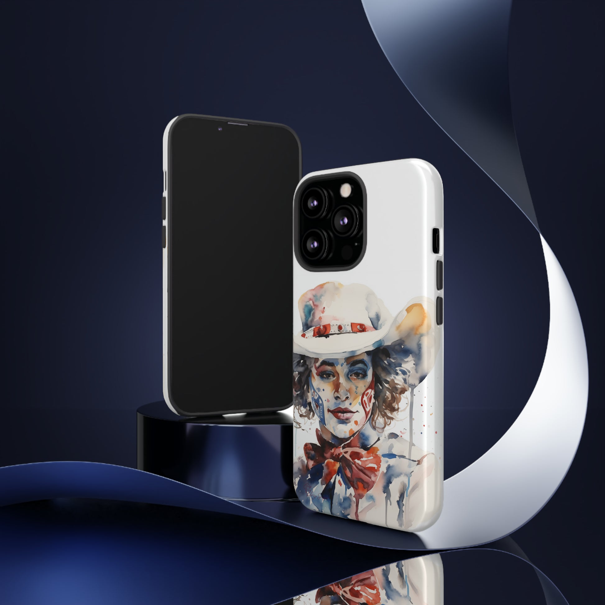 Presenting our Tough Western Cell Phone Case: Rodeo Clown Watercolor Gal Edition! This one-of-a-kind design showcases a vibrant watercolor portrayal of a woman as a rodeo clown on a white background. Enjoy the fusion of artistry and robust phone protection.