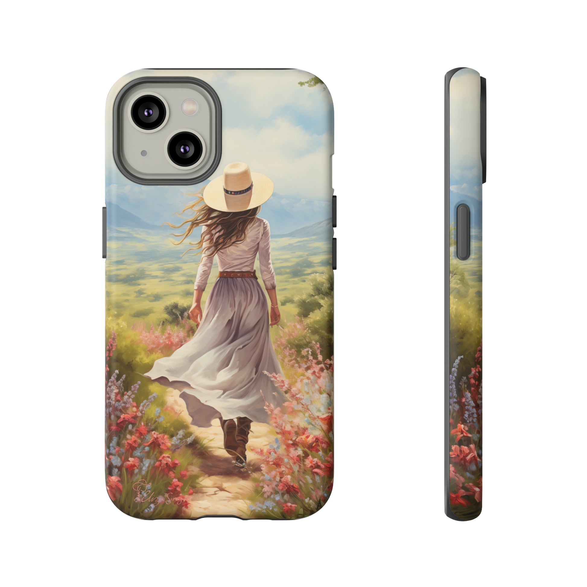 Embrace Whimsical Protection: Tough Western Cell Phone Case by Eliza Singer. Step into a World of Enchantment with a Stylish Woman Amidst Nature's Beauty. Safeguard Your Phone with Artistic Charm. #ElizaSinger #PhoneCase #WesternStyle 