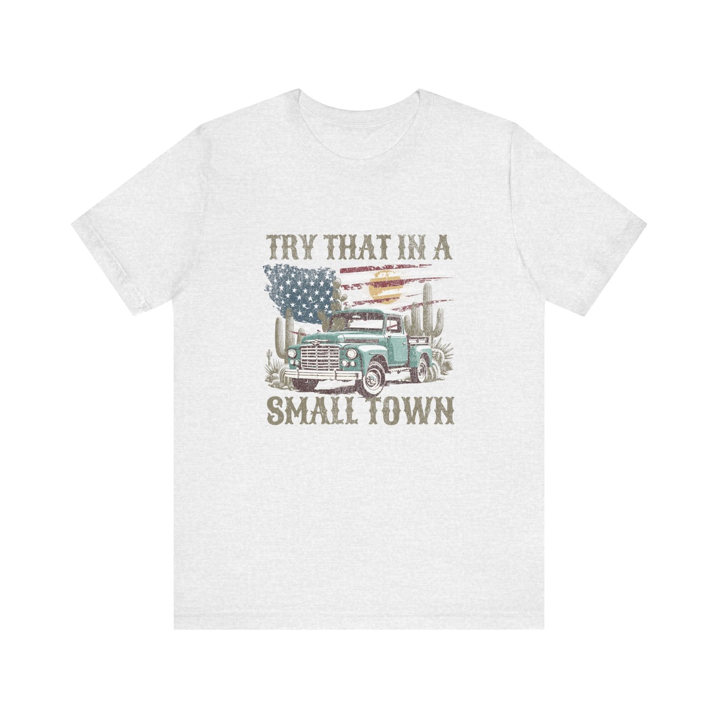 Small Town Pride: Bella Canvas T-shirt with Vintage Pickup and Flag