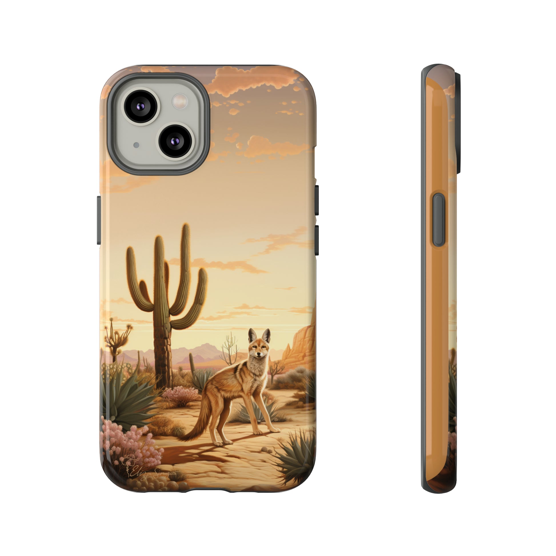 Unveiling our Western Tough Cell Phone Case: Dusk Jackal Oasis Edition! Witness the beauty of dusk with a jackal in a desert landscape next to a cactus. This design offers both rugged protection and a touch of twilight elegance.